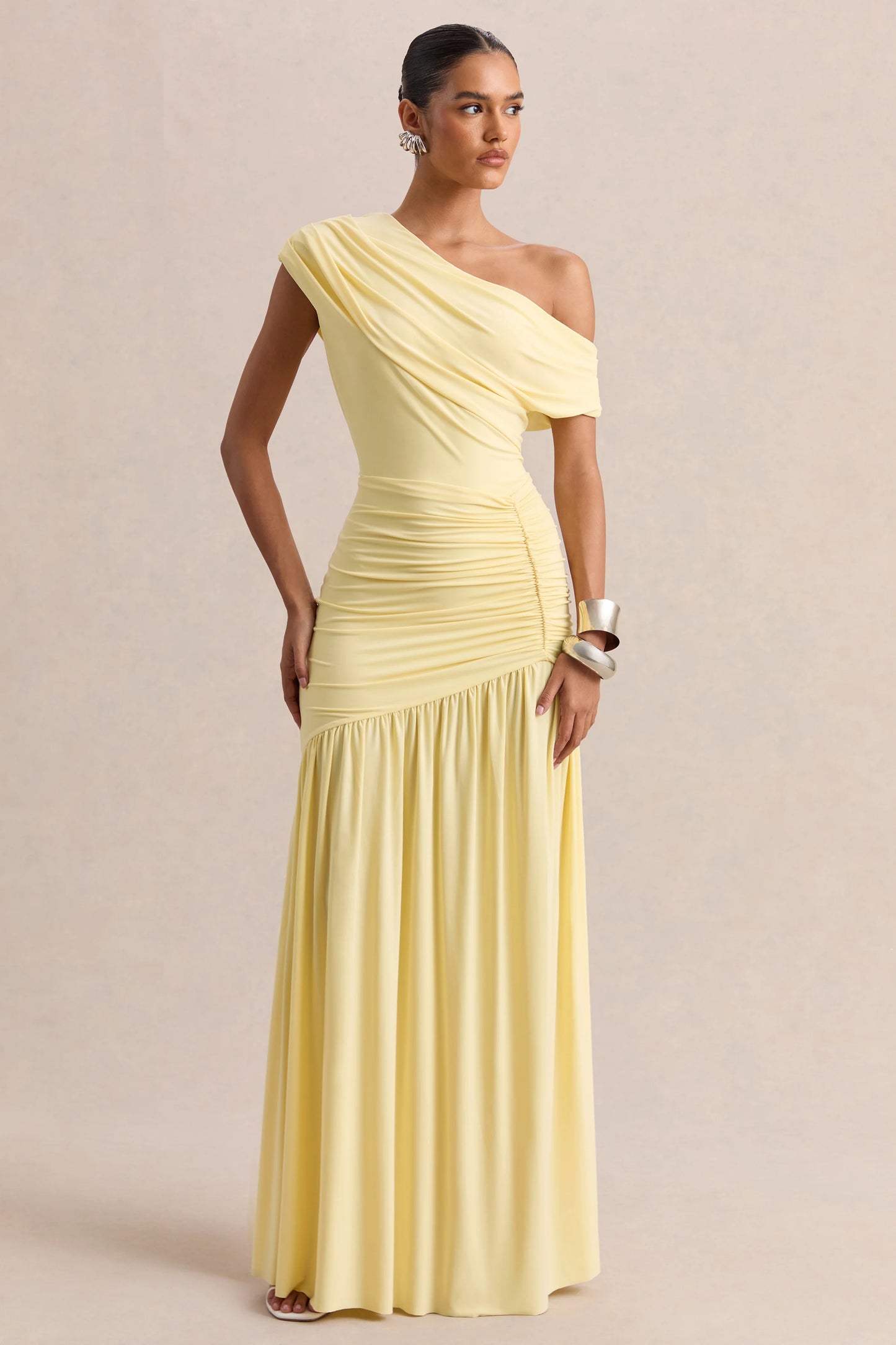 Kady Lemon Asymmetric-Neck Maxi Dress With Ruched Detailing