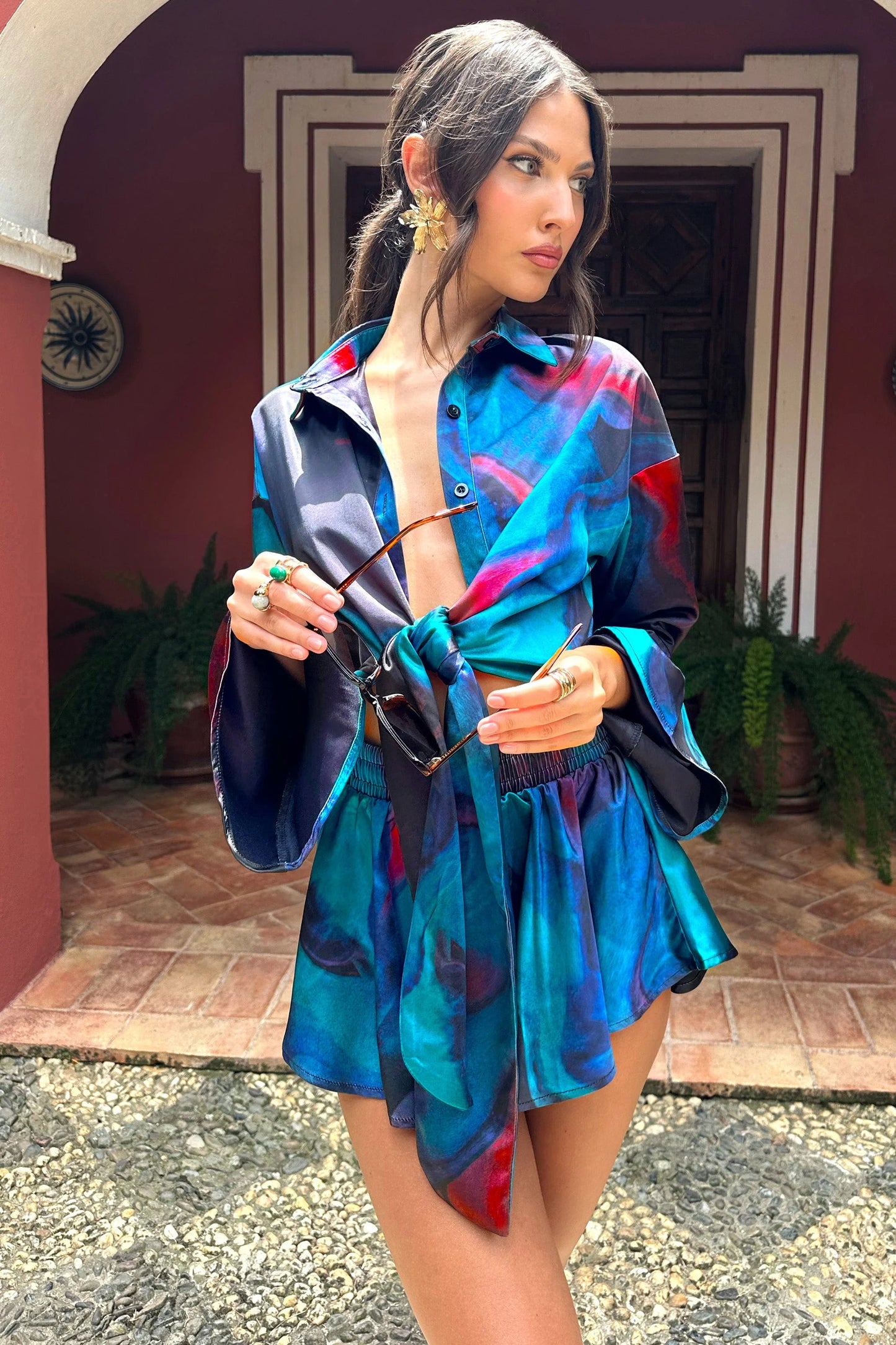 Keep Trying Blue Print Satin Tie Waist Shorts