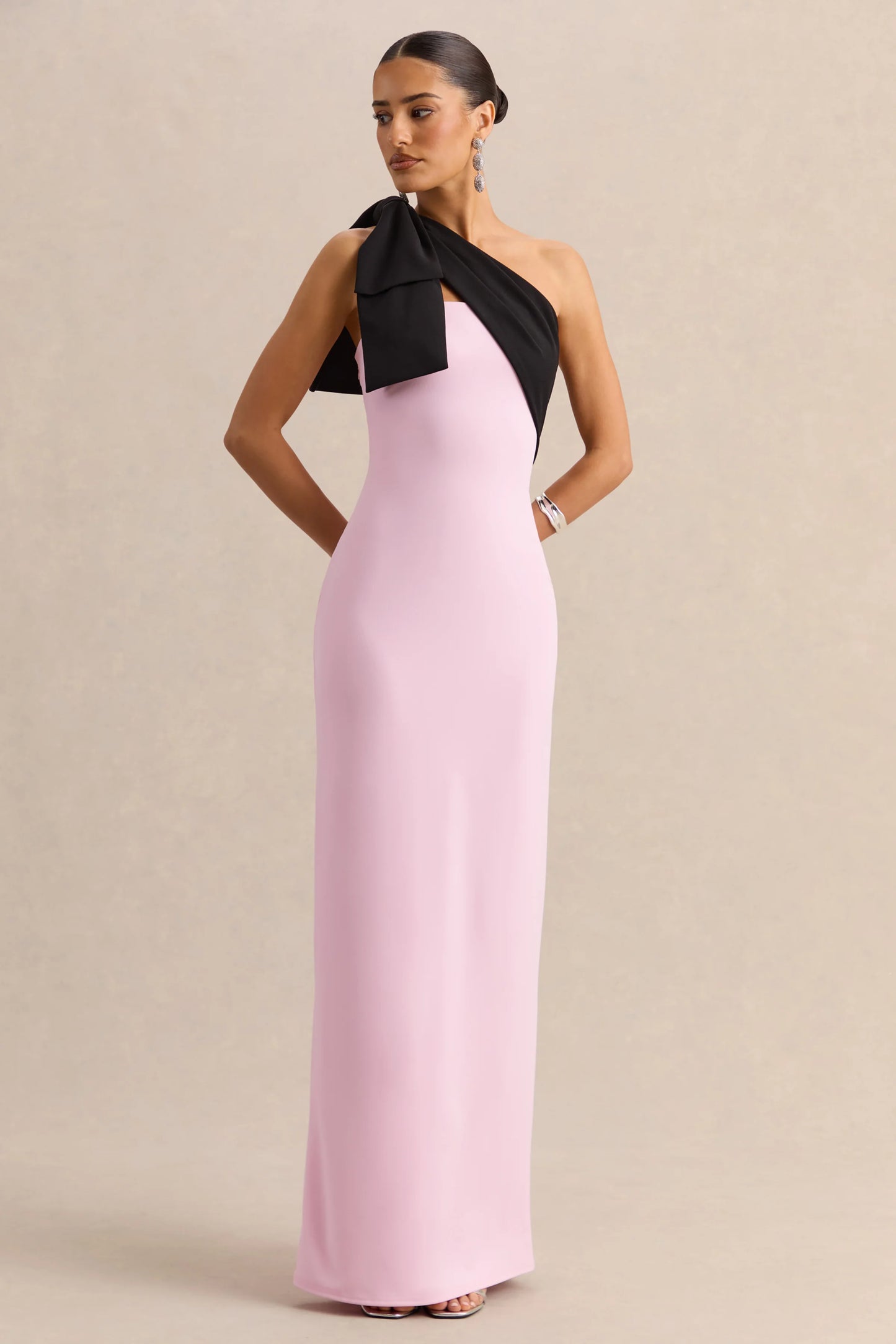 Adara Pink & Black Asymmetric-Neck Maxi Dress With Bow-Detail