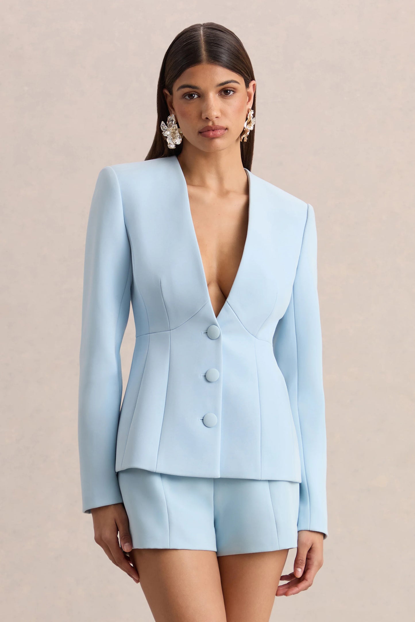 Rosalina Light Blue Extreme-Plunge Neck Tailored Blazer