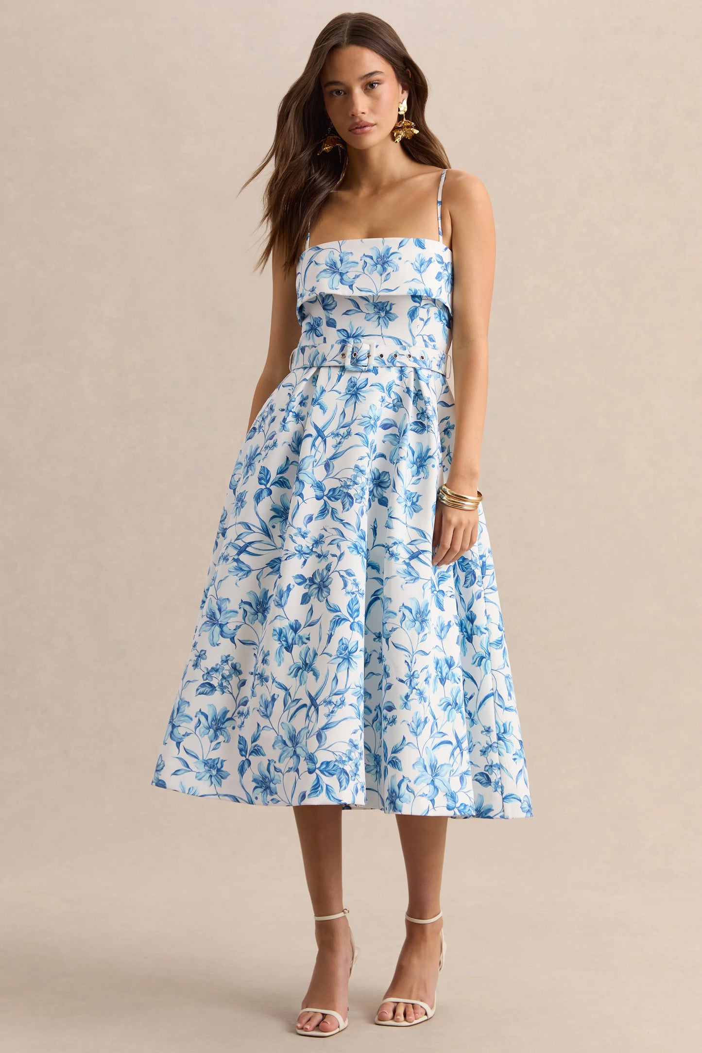 Devina Blue Porcelain Print Square-Neck Belted Midi-Dress