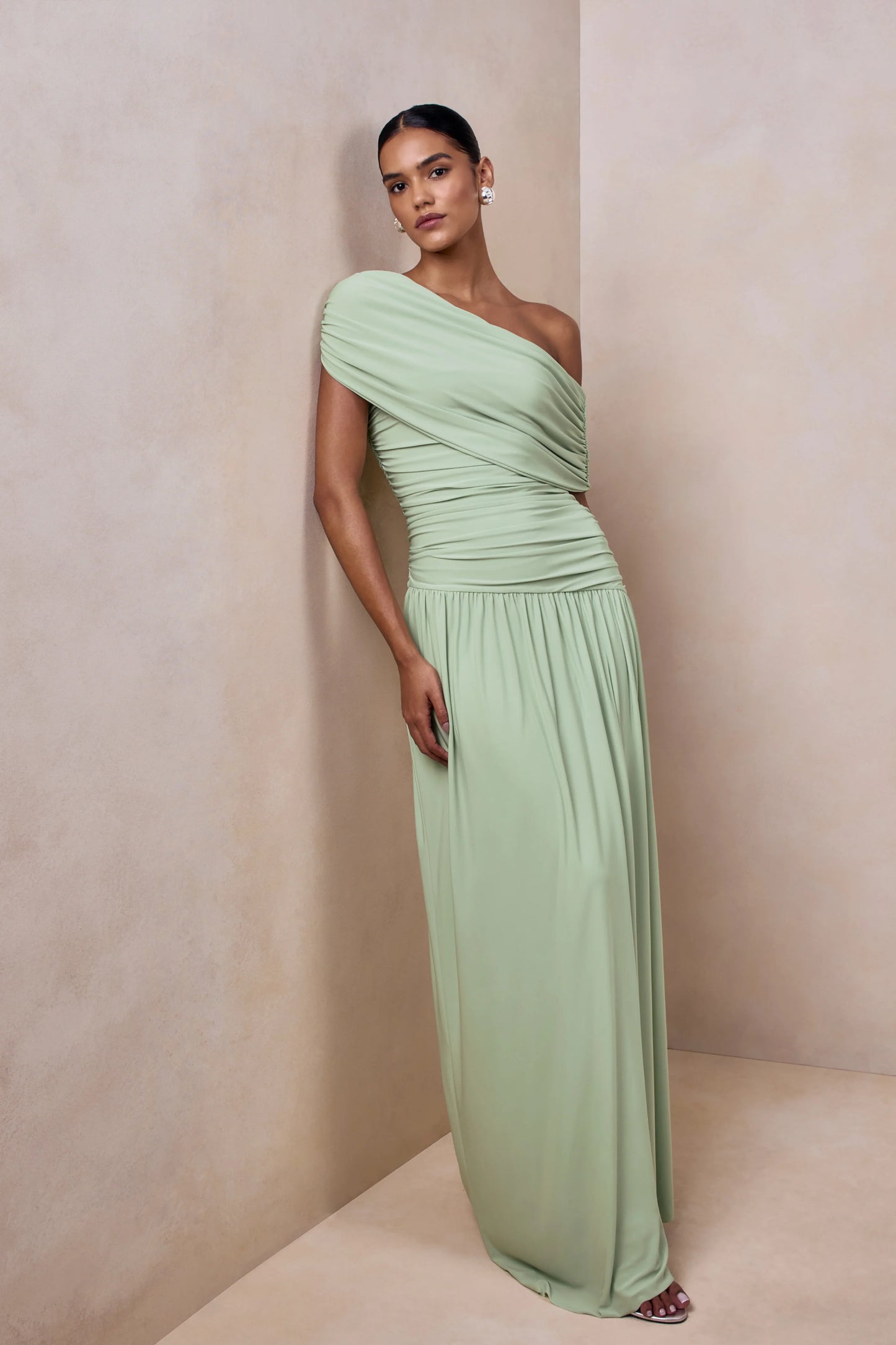 Emberly Green Draped Asymmetric-Neck Maxi Dress With Drop-Waist