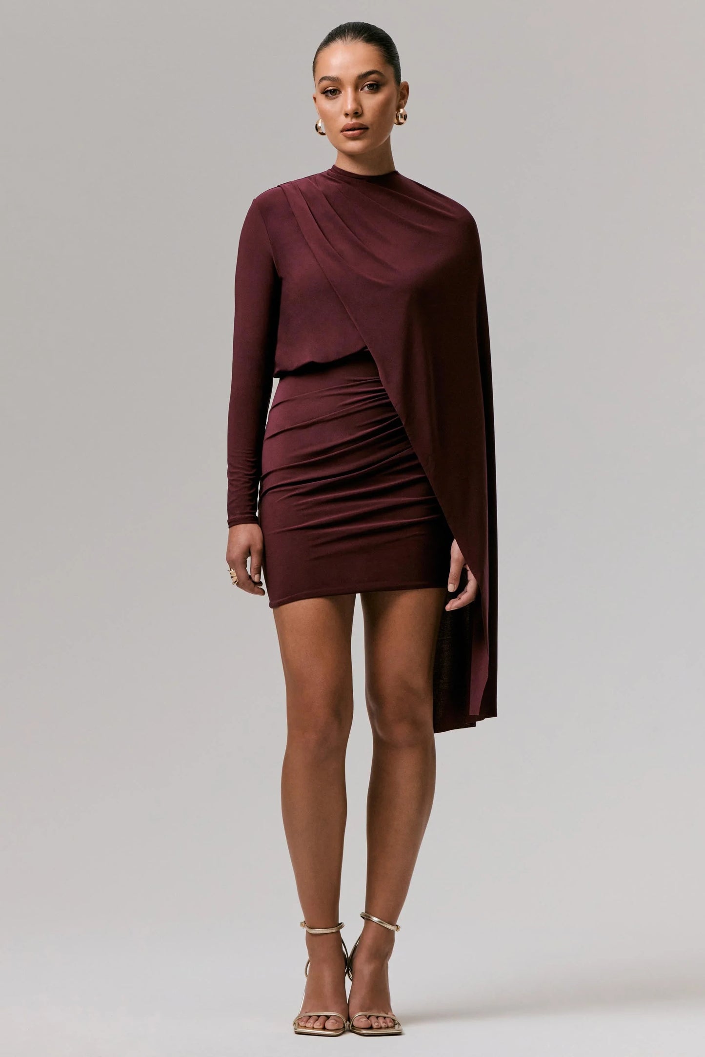 Celeste Burgundy Long-Sleeve Mini Dress With Cape Sleeve