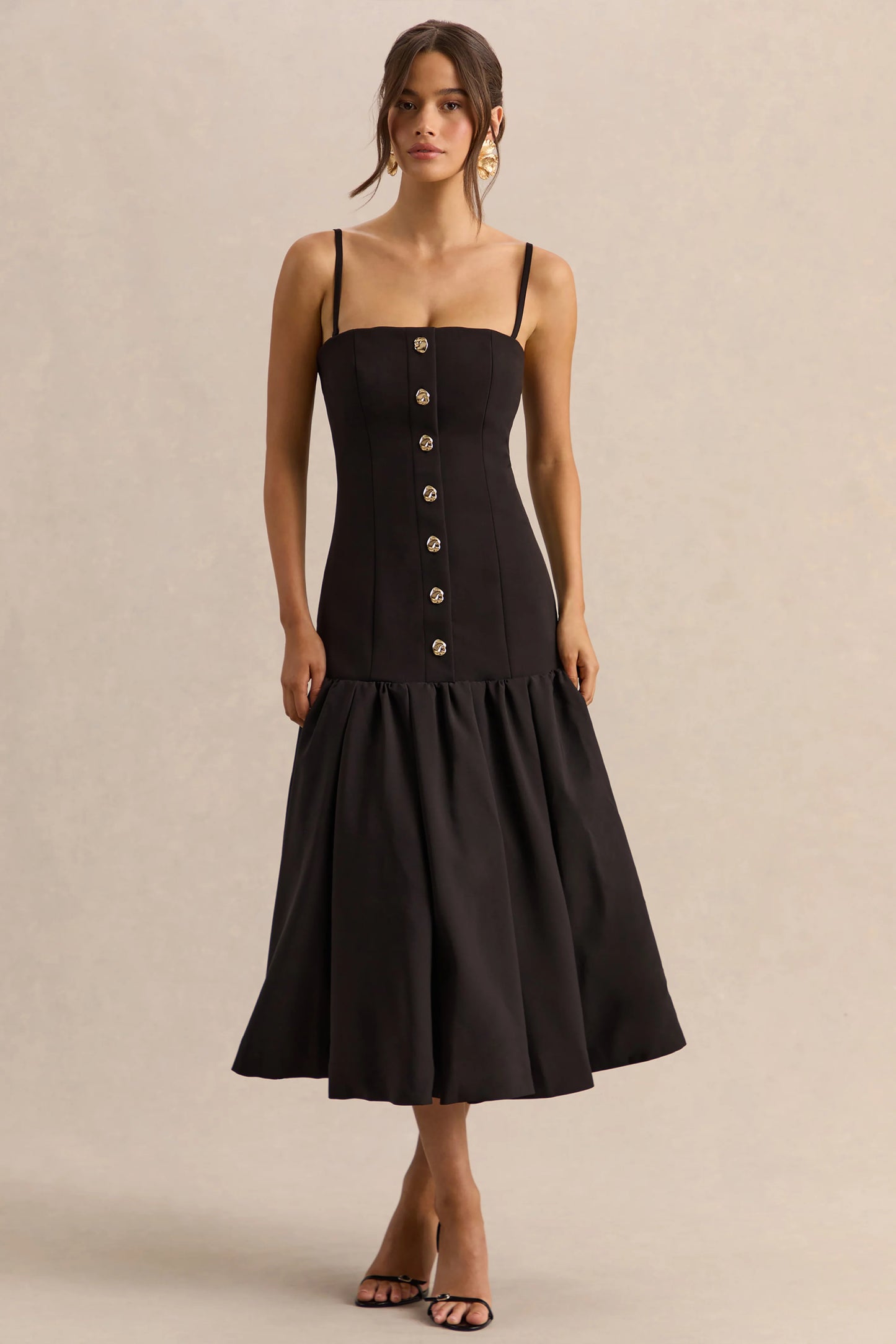 Briella Black Bandeau Midi Dress With Gold-Button Detailing