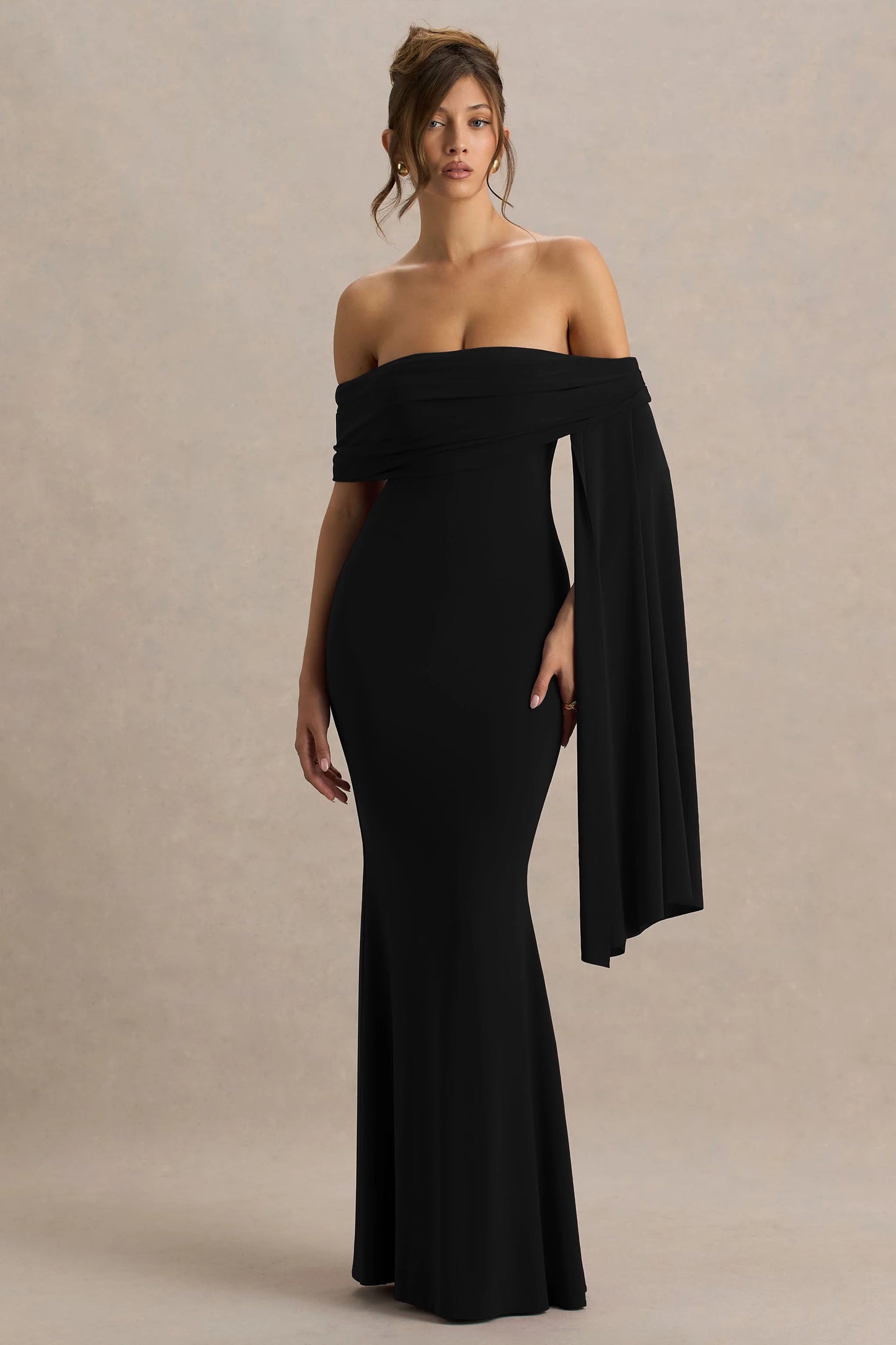Saffina Black Bardot-Neck Maxi Dress With Sash Detail