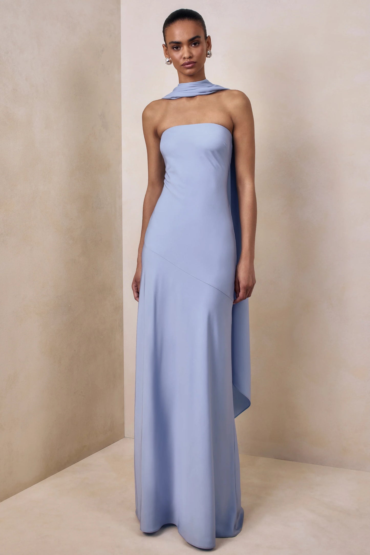 Charly Powder Blue Matte Satin Bandeau Maxi Dress With Scarf-Detail