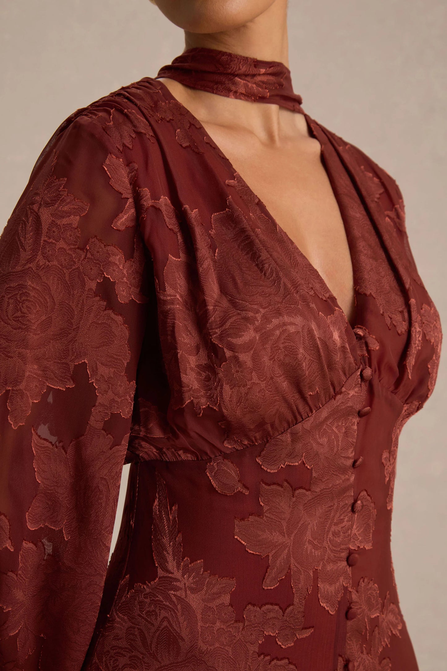 Sabina Rust Devore Plunge-Neck Midi Dress