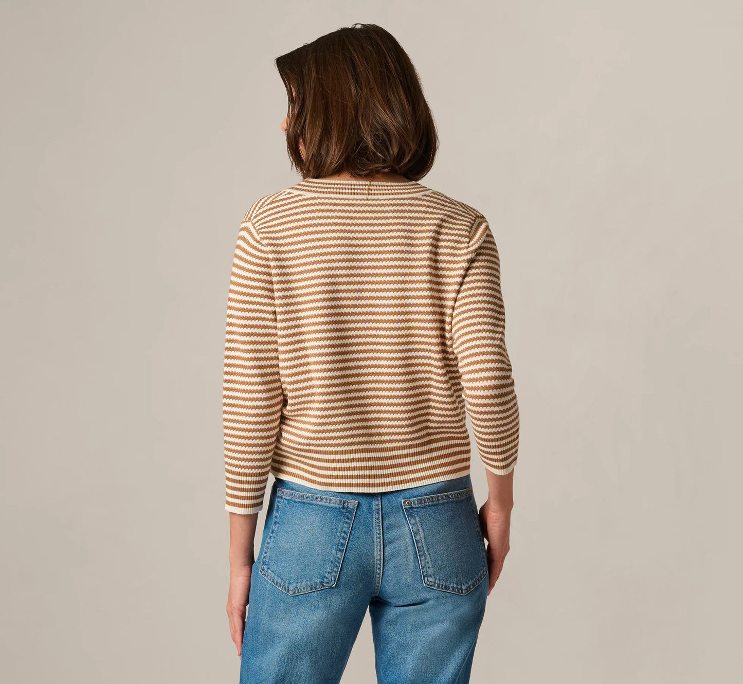 V Neck Button Front Cardigan Sweater In Ivory Camel