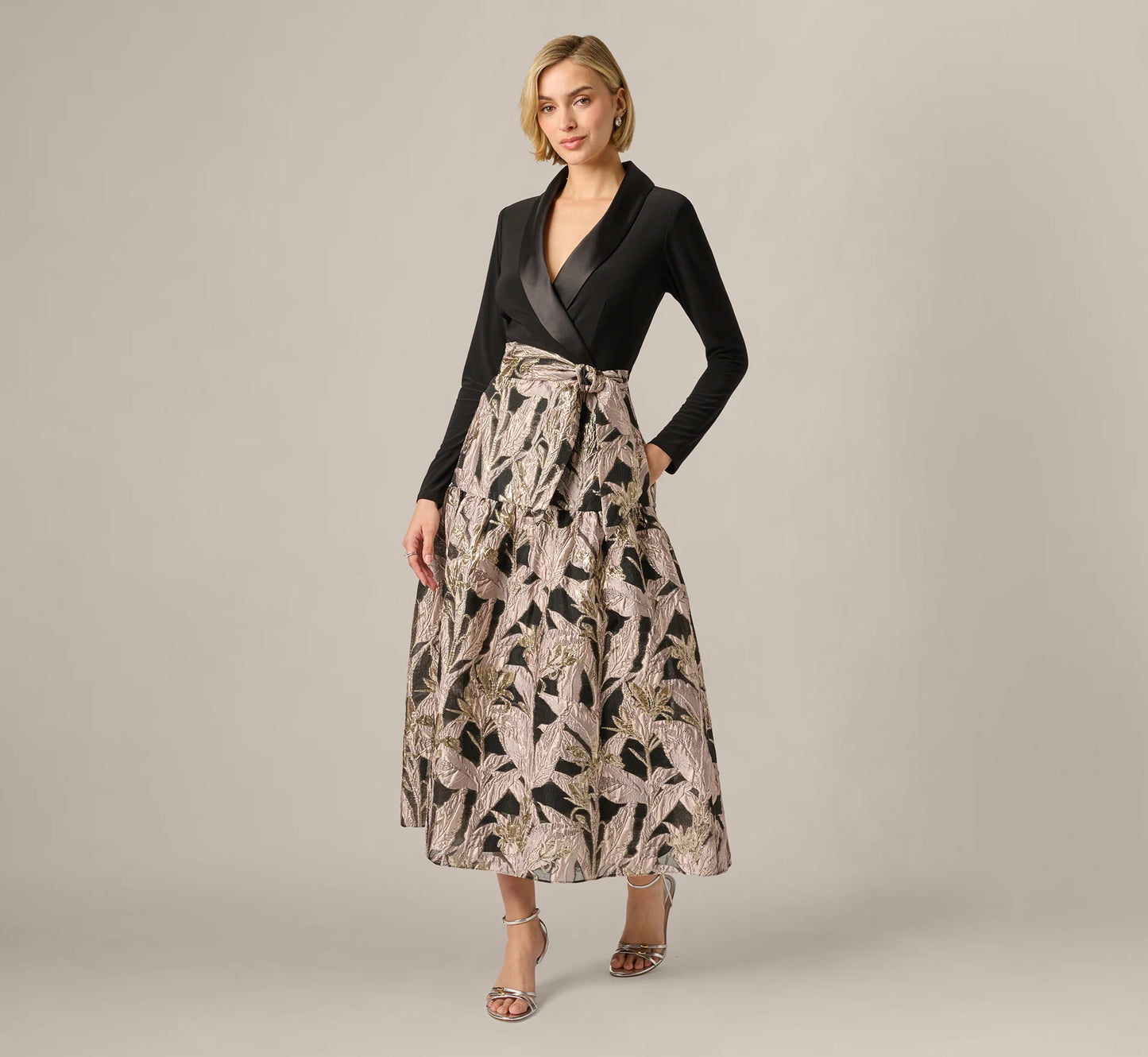 Long Sleeve Combo Tuxedo Ankle Length Gown In Black Blush