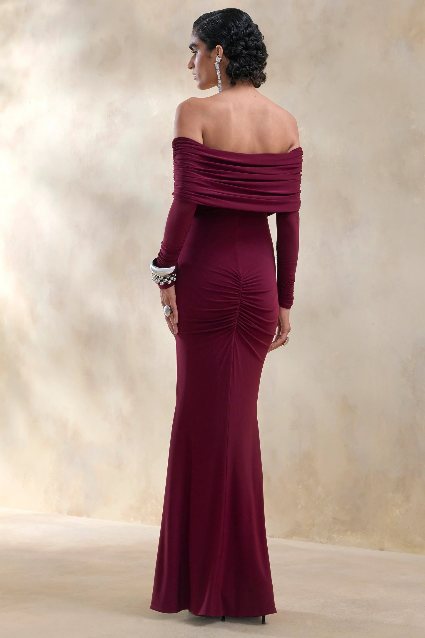 Brisea Burgundy Bardot-Neck Maxi Dress
