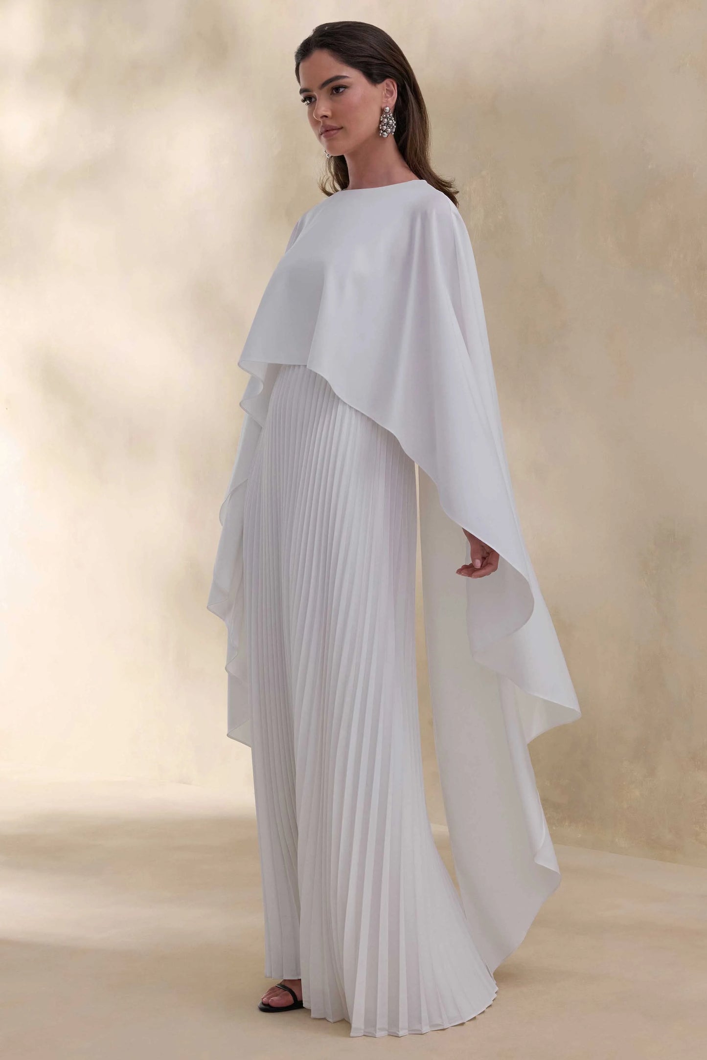 Loradia Cream Satin Round-Neck Maxi Dress With Cape-Sleeves And Pleated-Skirt