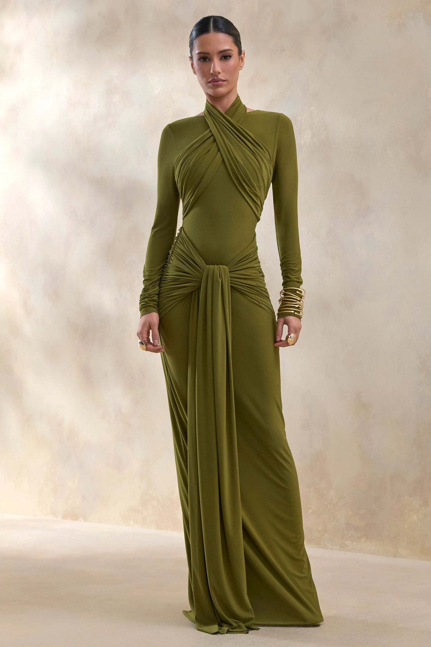 Linessa Olive High-Neck Maxi Dress With Sash And Gathered-Detailing