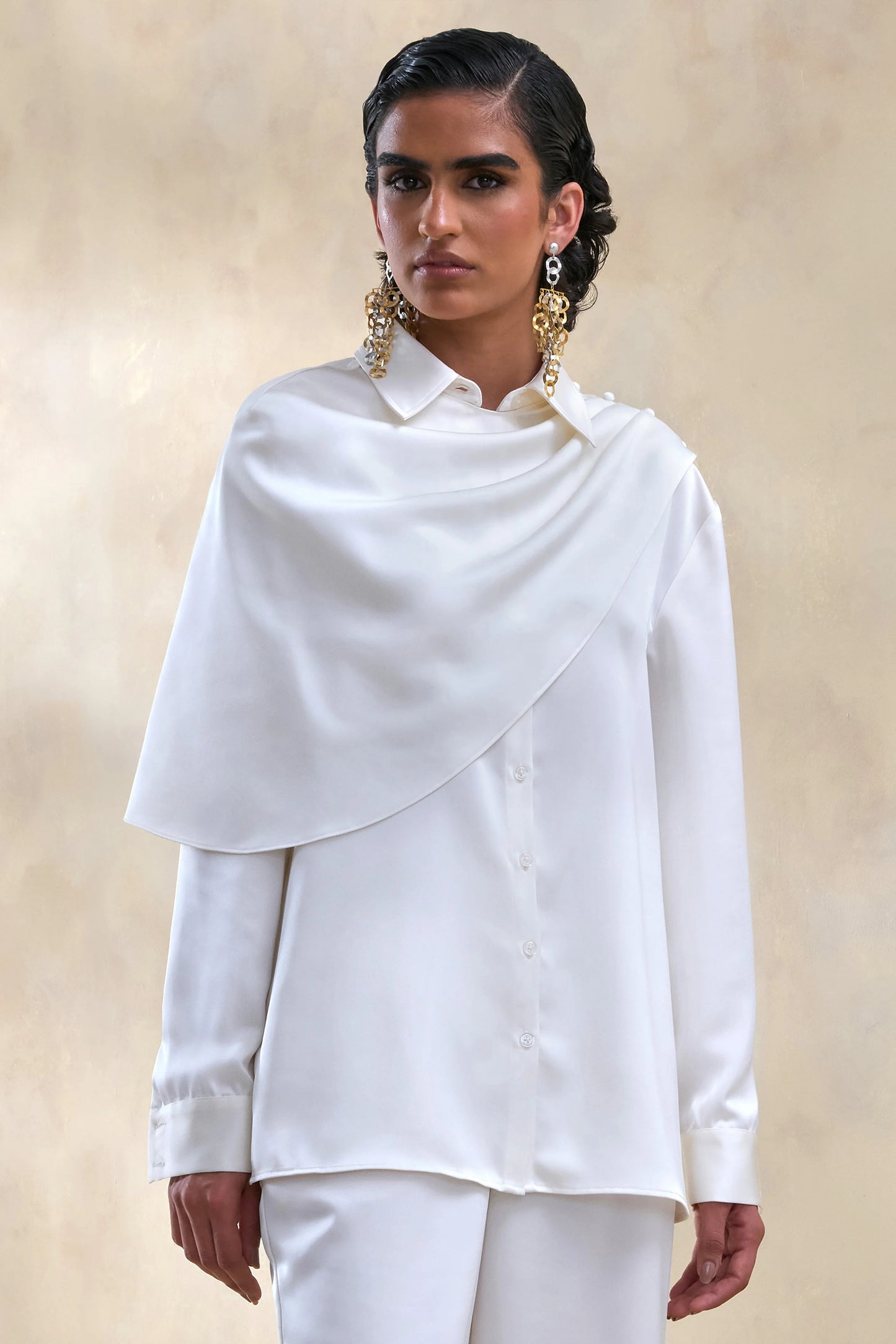 Serenza Cream Satin Collared-Shirt With Cape-Detail