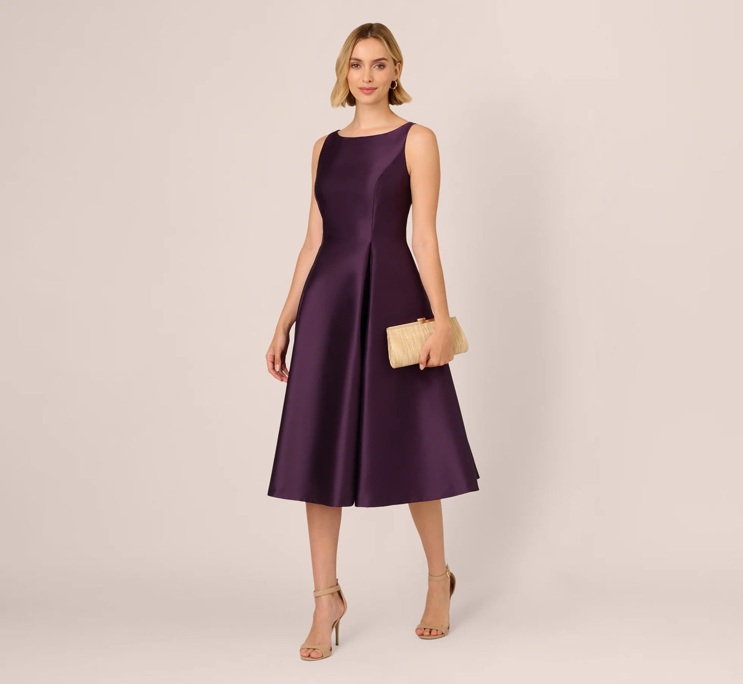Sleeveless Mikado Fit And Flare Midi Dress With V-Back In Luxe Plum