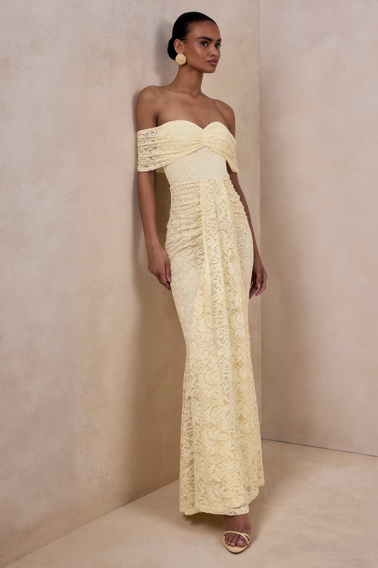 Aries Lemon Lace Bardot-Neck Maxi Dress With Gathered Detailing