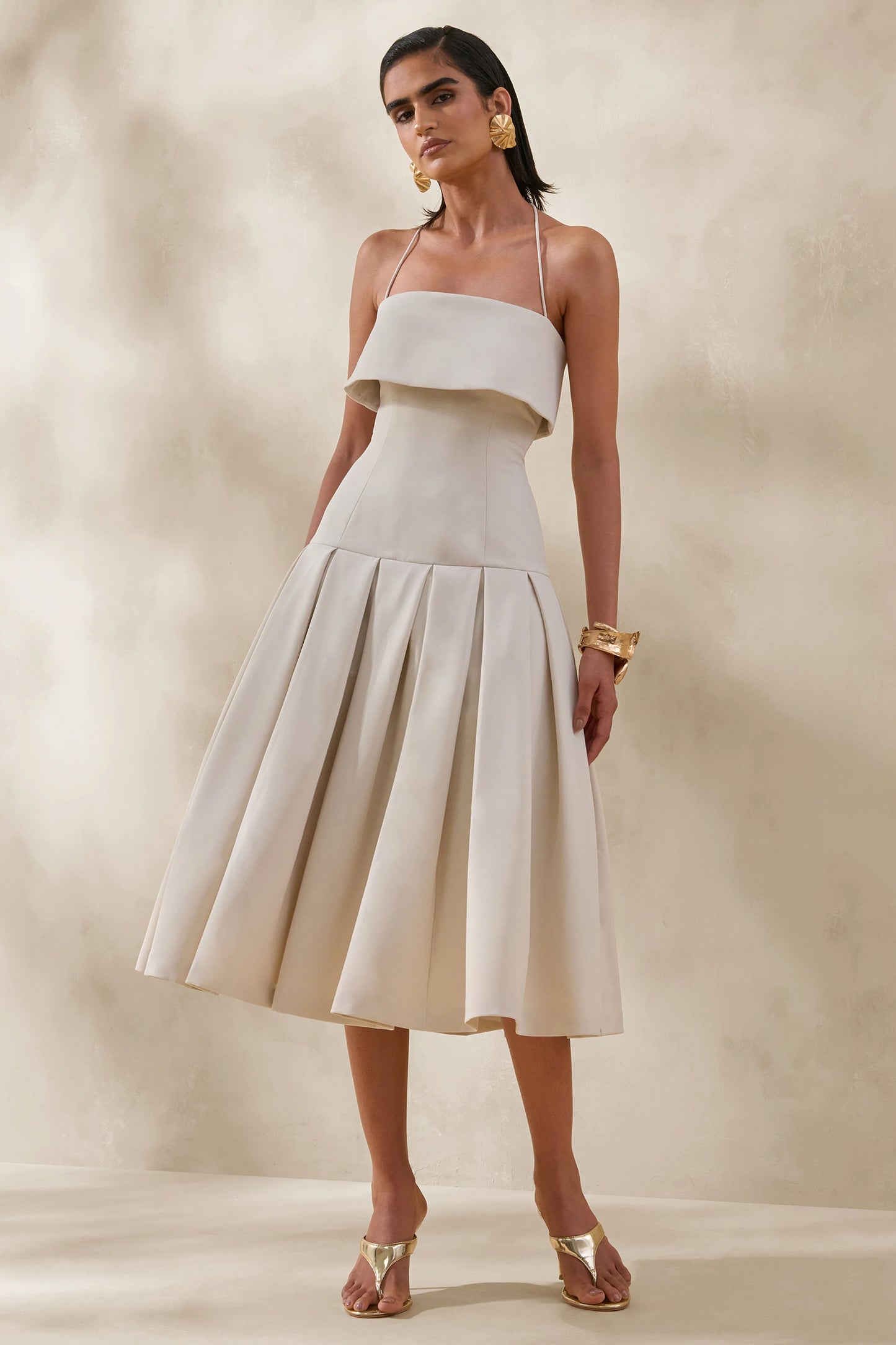Dazira Cream Square-Neck Midi Dress With Drop-Waist
