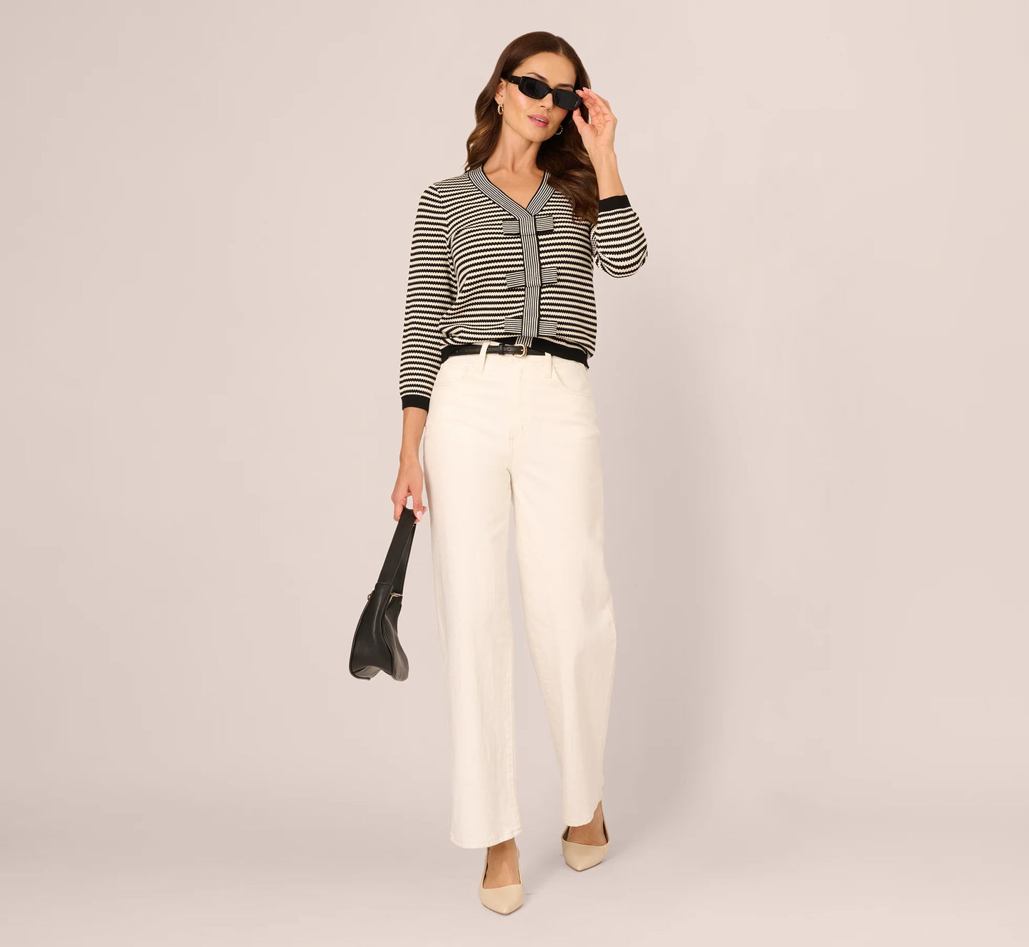 Three Quarter Sleeve Bow Pullover Sweater In Cream Black