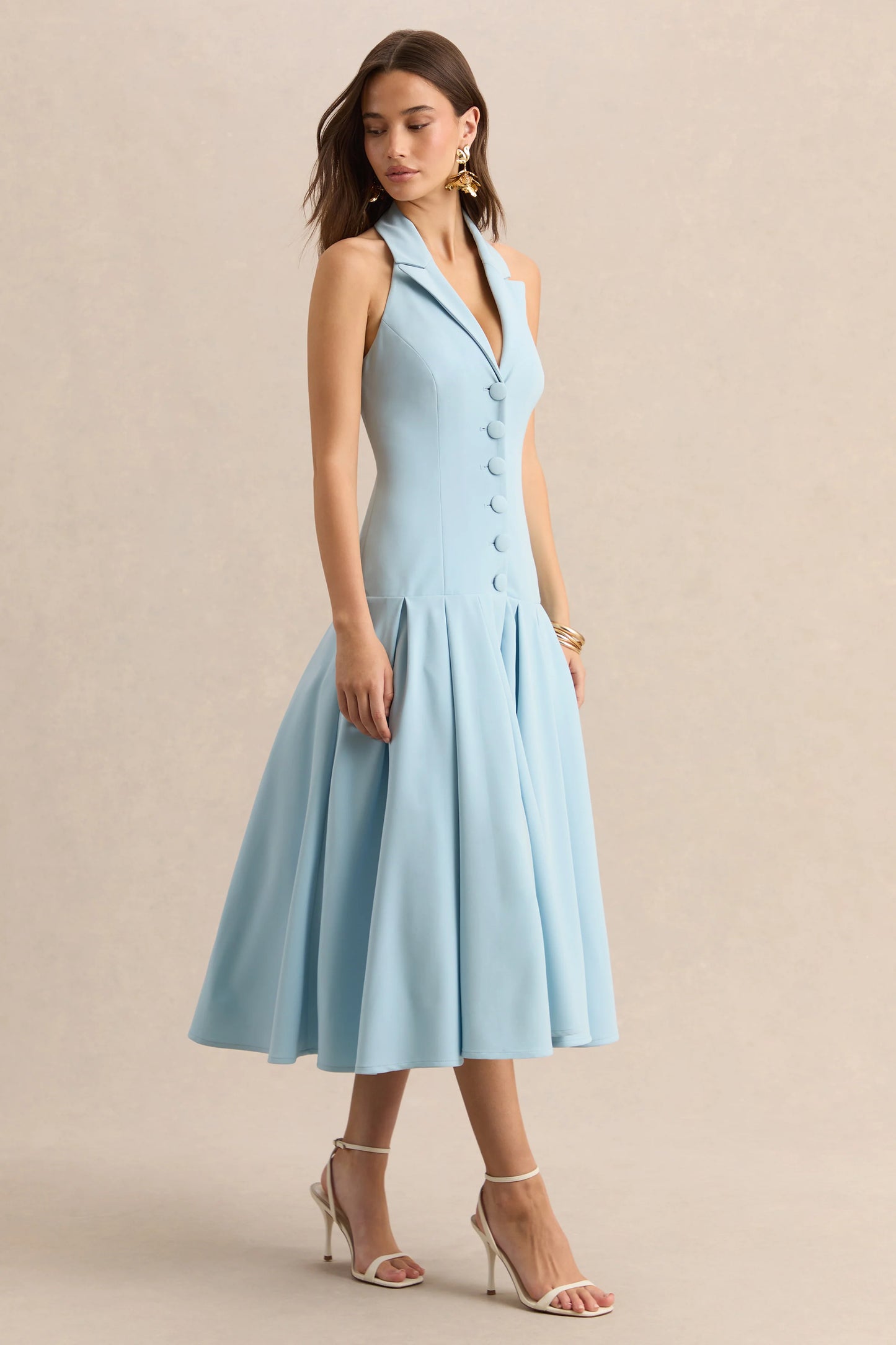 Elise Powder Blue Plunge-Neck Midi Dress With Drop-Waist