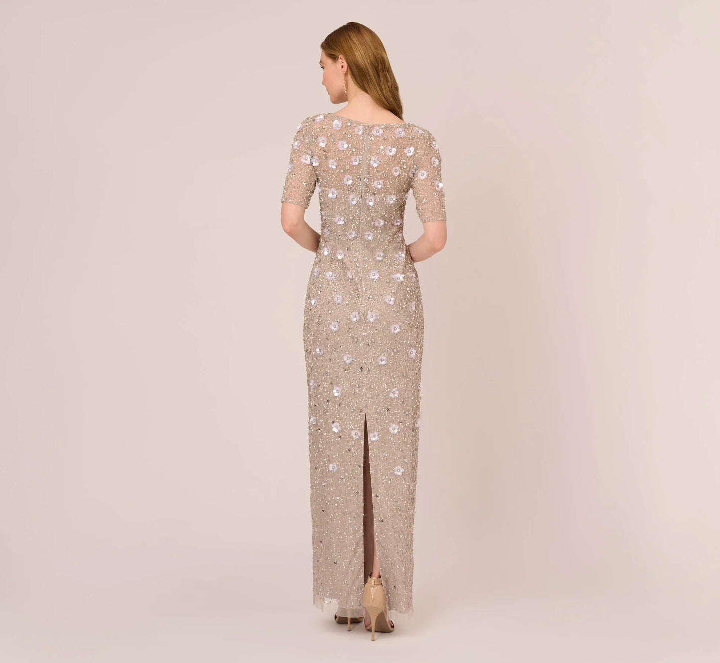 Long Hand Beaded 3D Floral Dress With Elbow Sleeves In Marble