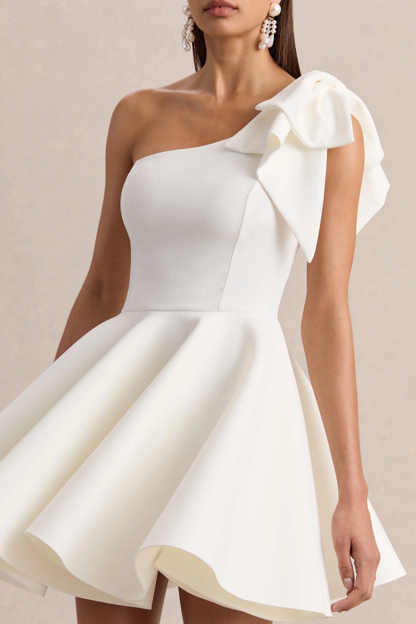 Prosperity White Asymmetric-Neck Mini Dress With Bow Detail