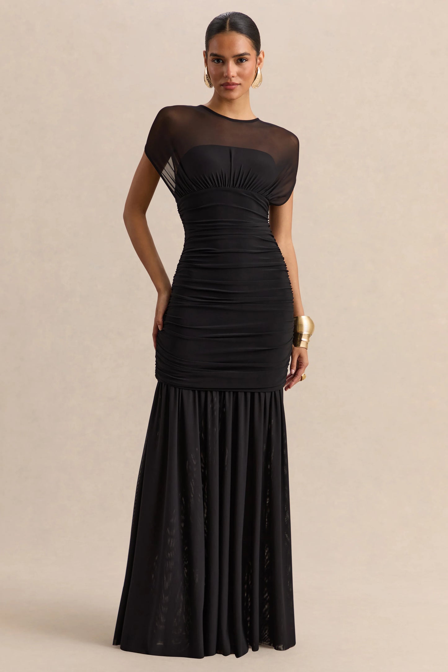 Kalene Black Wide-Neck Maxi Dress With Sheer-Detailing