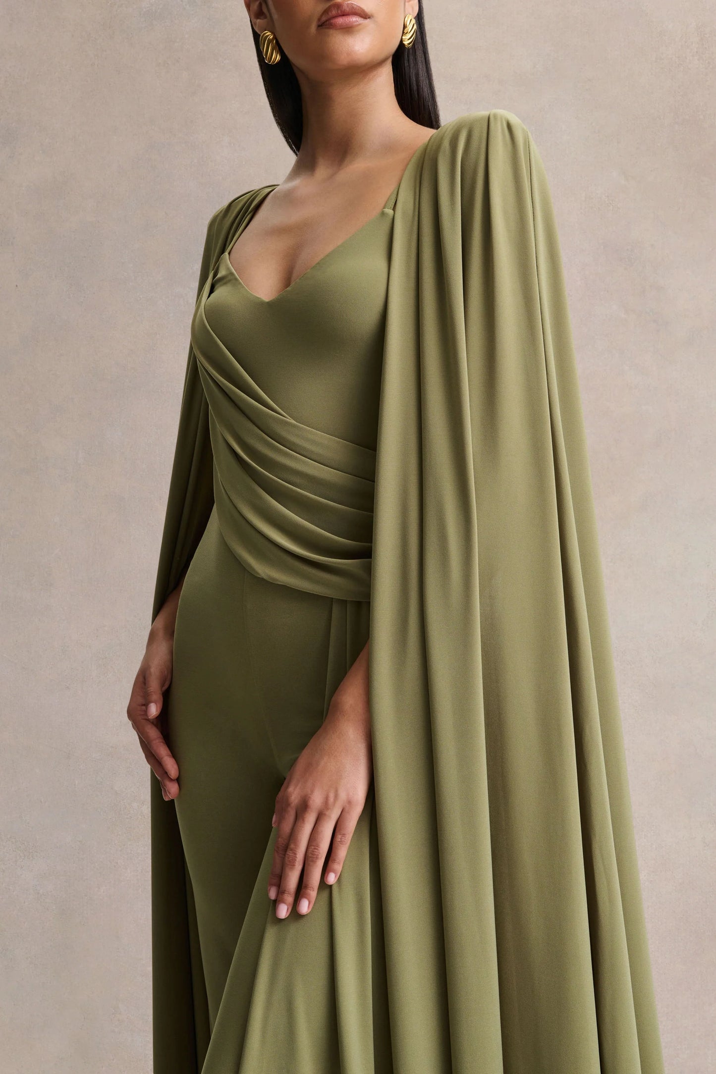 Labina Green Plunge-Neck Jumpsuit With Cape-Sleeves