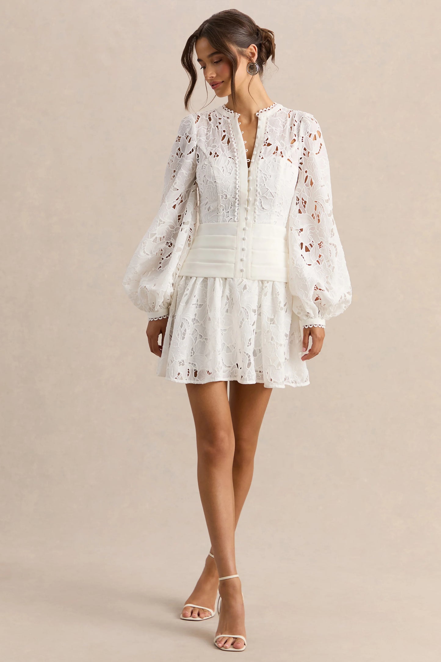 Helena White Crew-Neck Mini Dress With Puff-Sleeves and Pleated Skirt