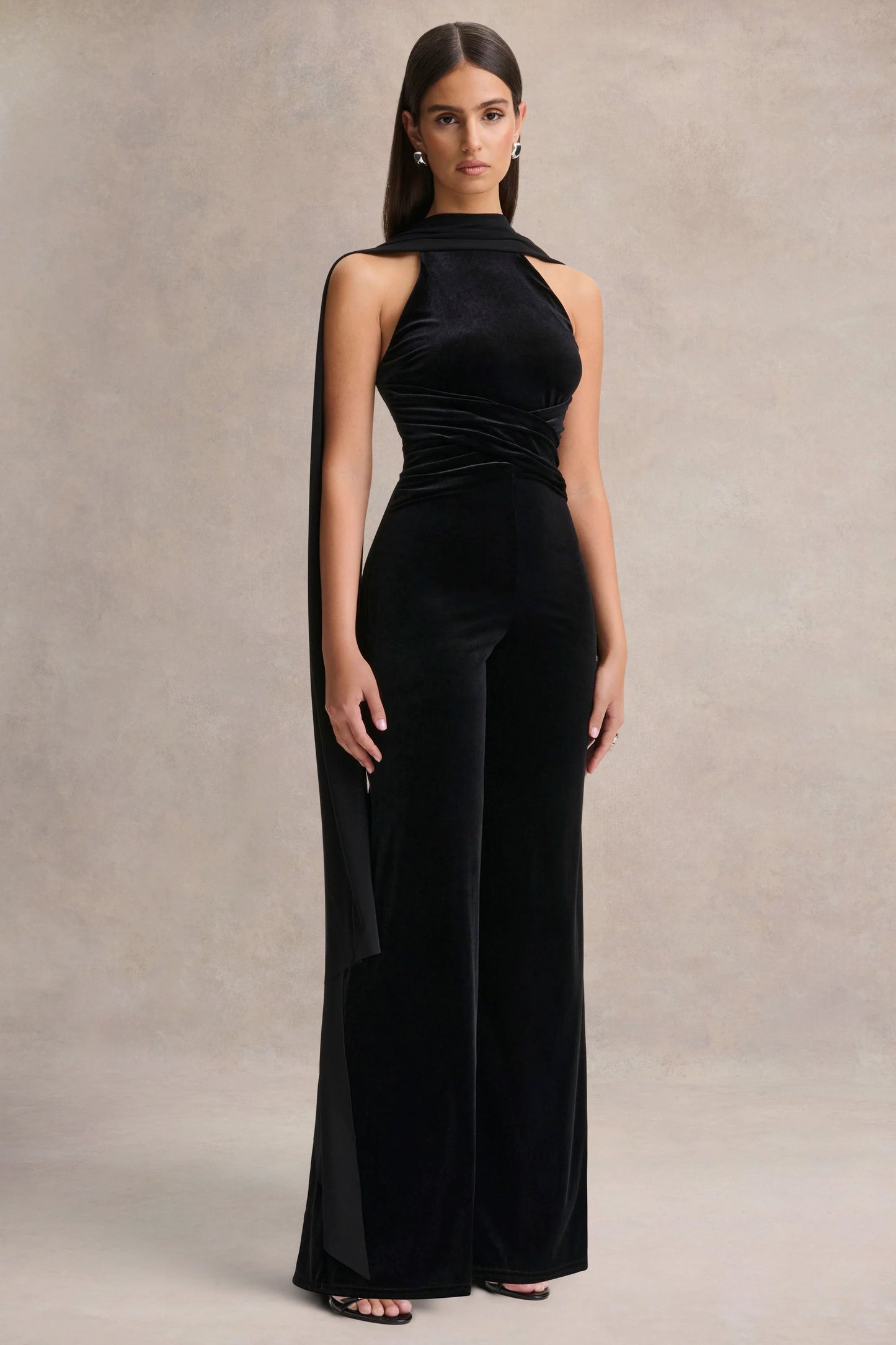 Madalina Black High-Neck Jumpsuit With Scarf-Detail