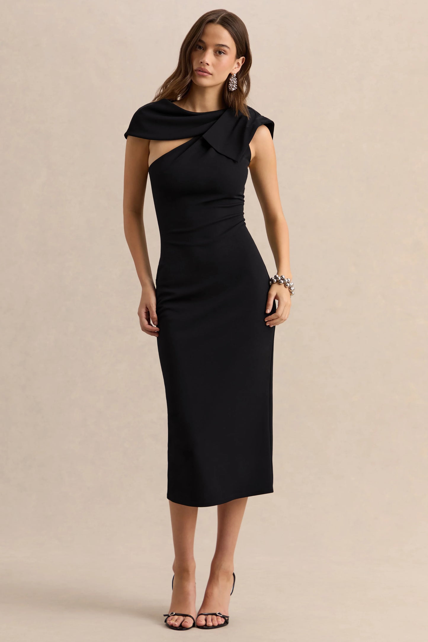 Clarina Black Asymmetric-Neck Midi Dress With Bow-Detail