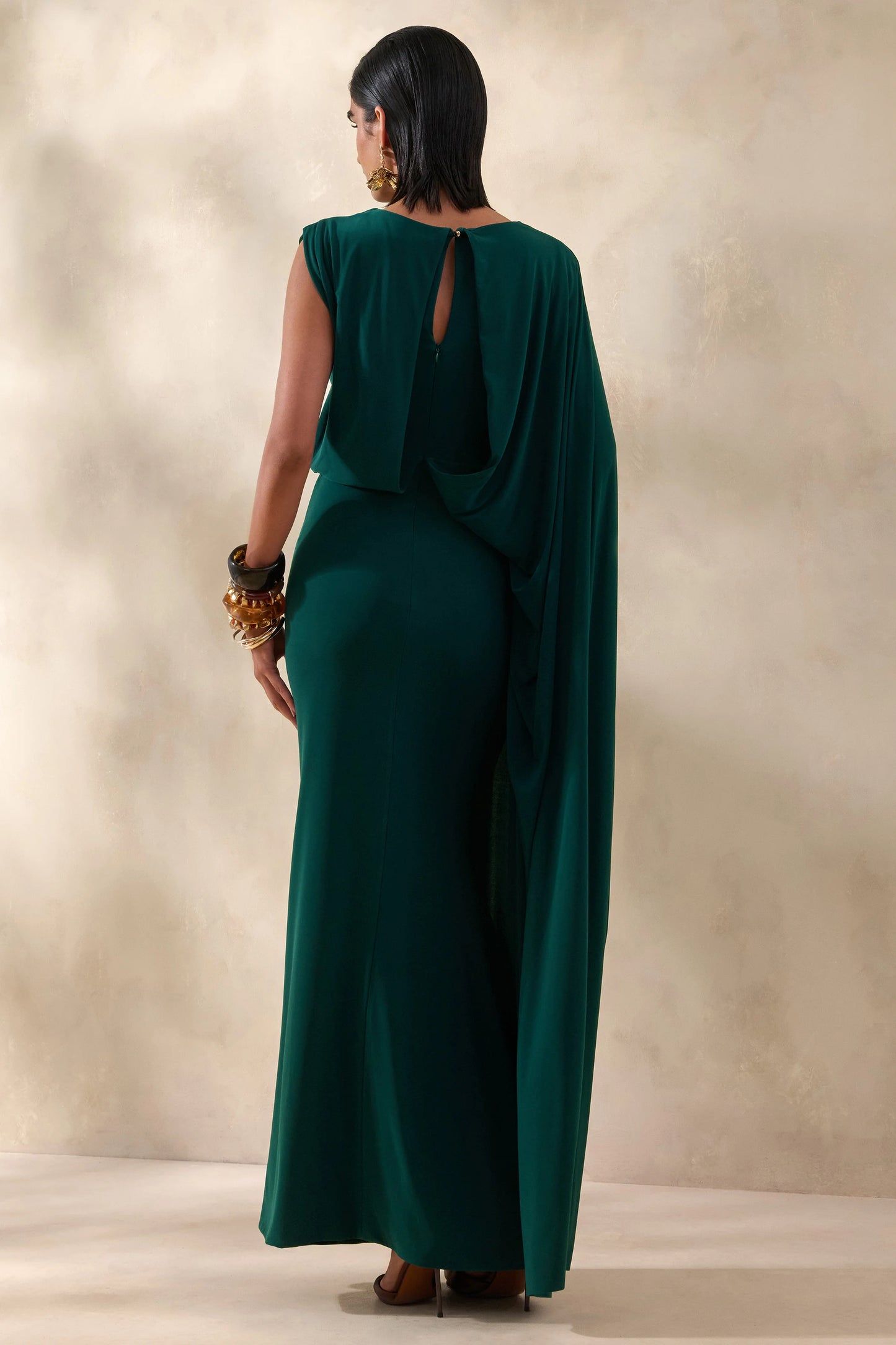 Carenza Dark Green Wide-Neck Maxi Dress With Cape-Sleeve
