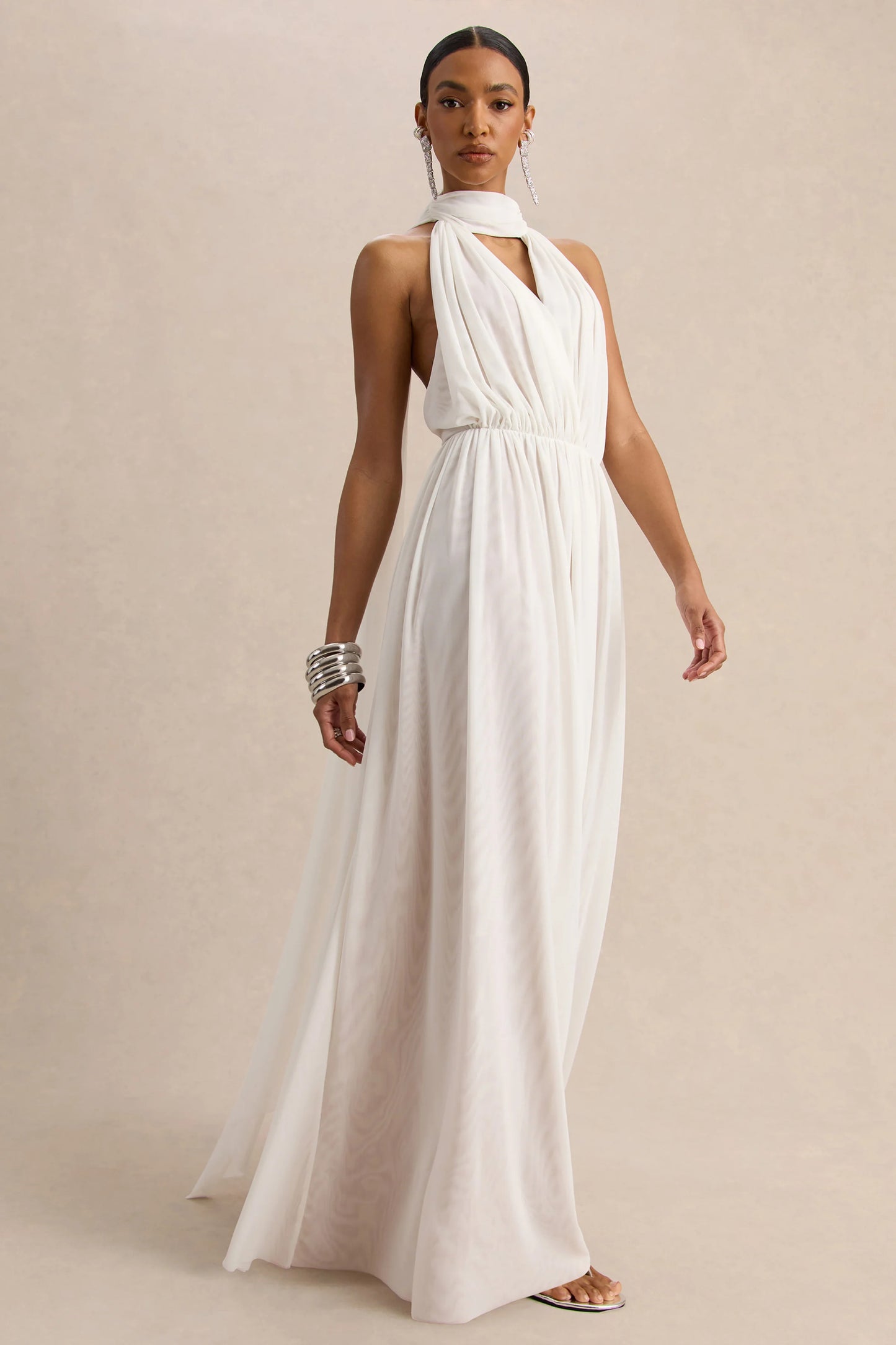 Rylina White Mesh Halter-Neck Maxi Dress With Scarf And Open-Back