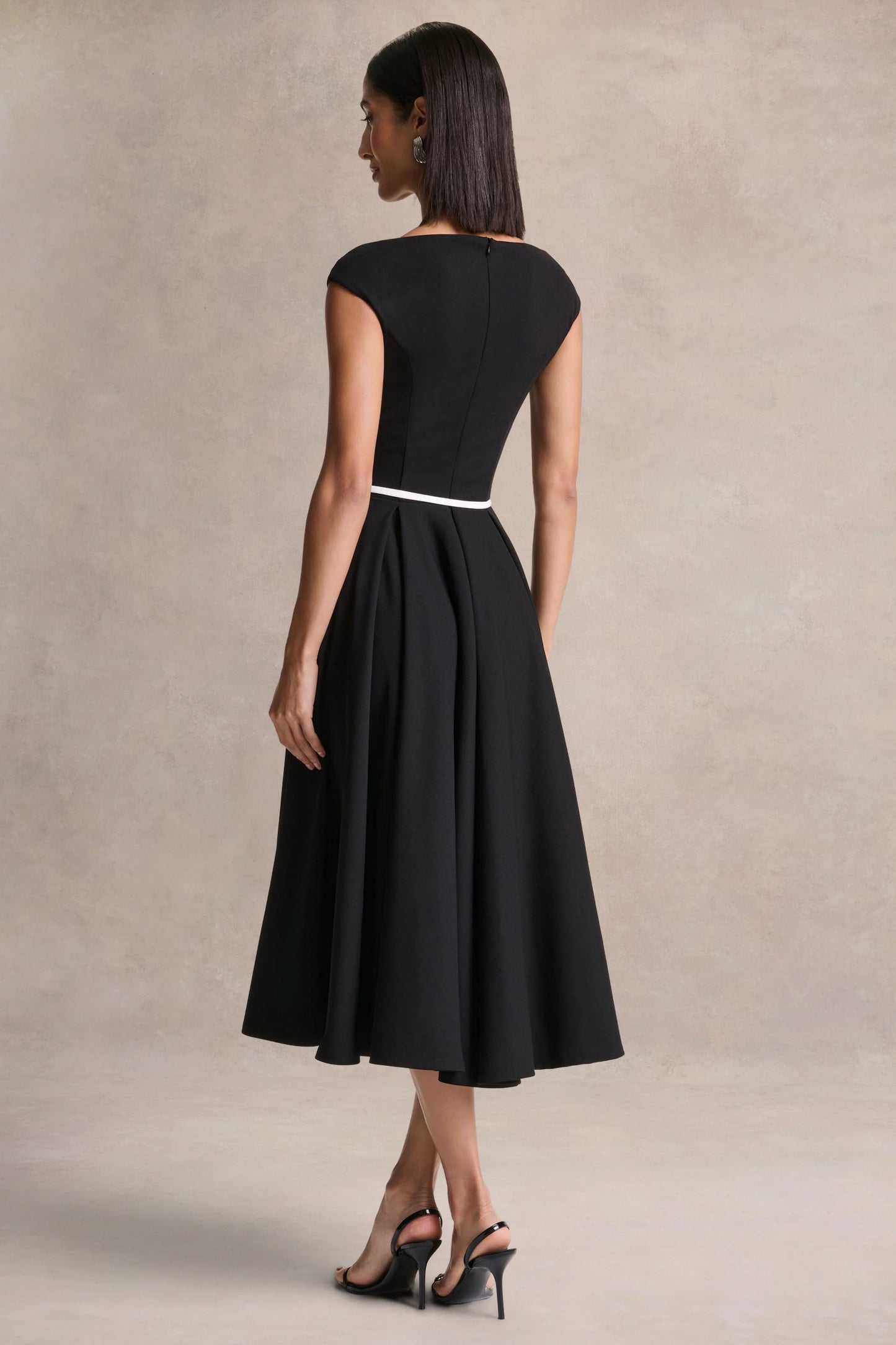 Nataline Black Round-Neck Midi Dress With White Belt-Detail