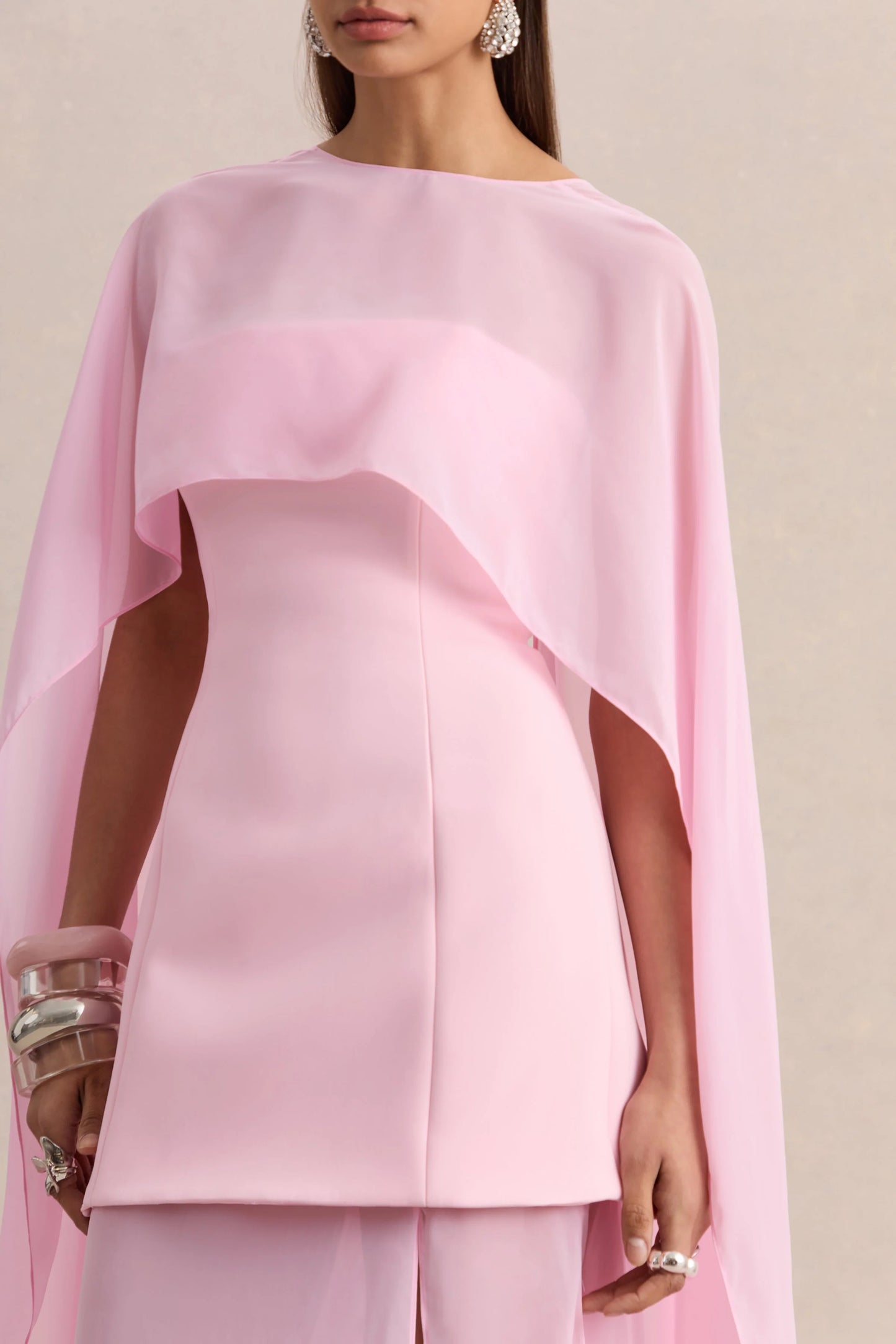 Chessa Light Pink Boat-Neck Maxi Dress With Sheer Cape
