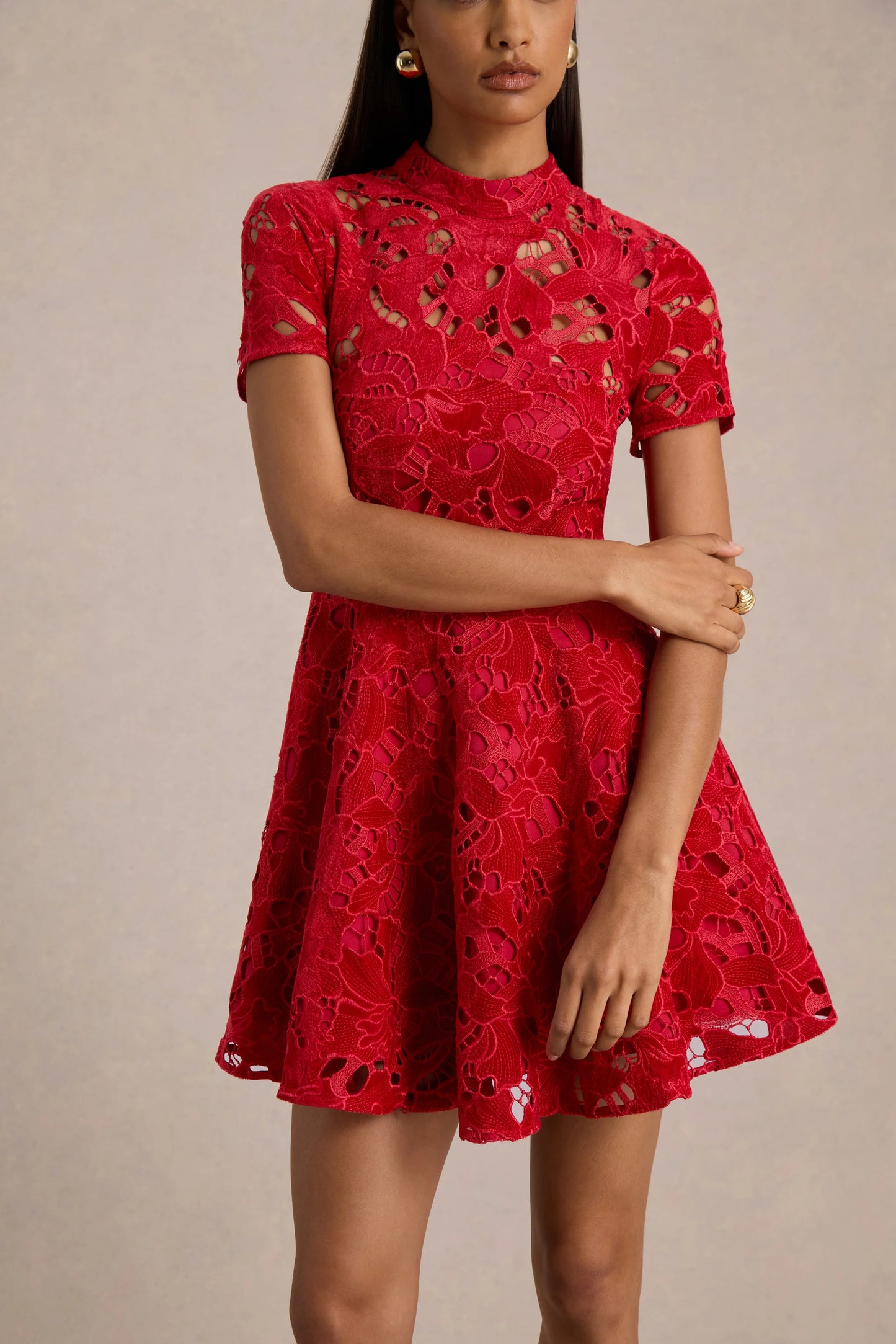 Roam Red Lace High-Neck Mini Dress