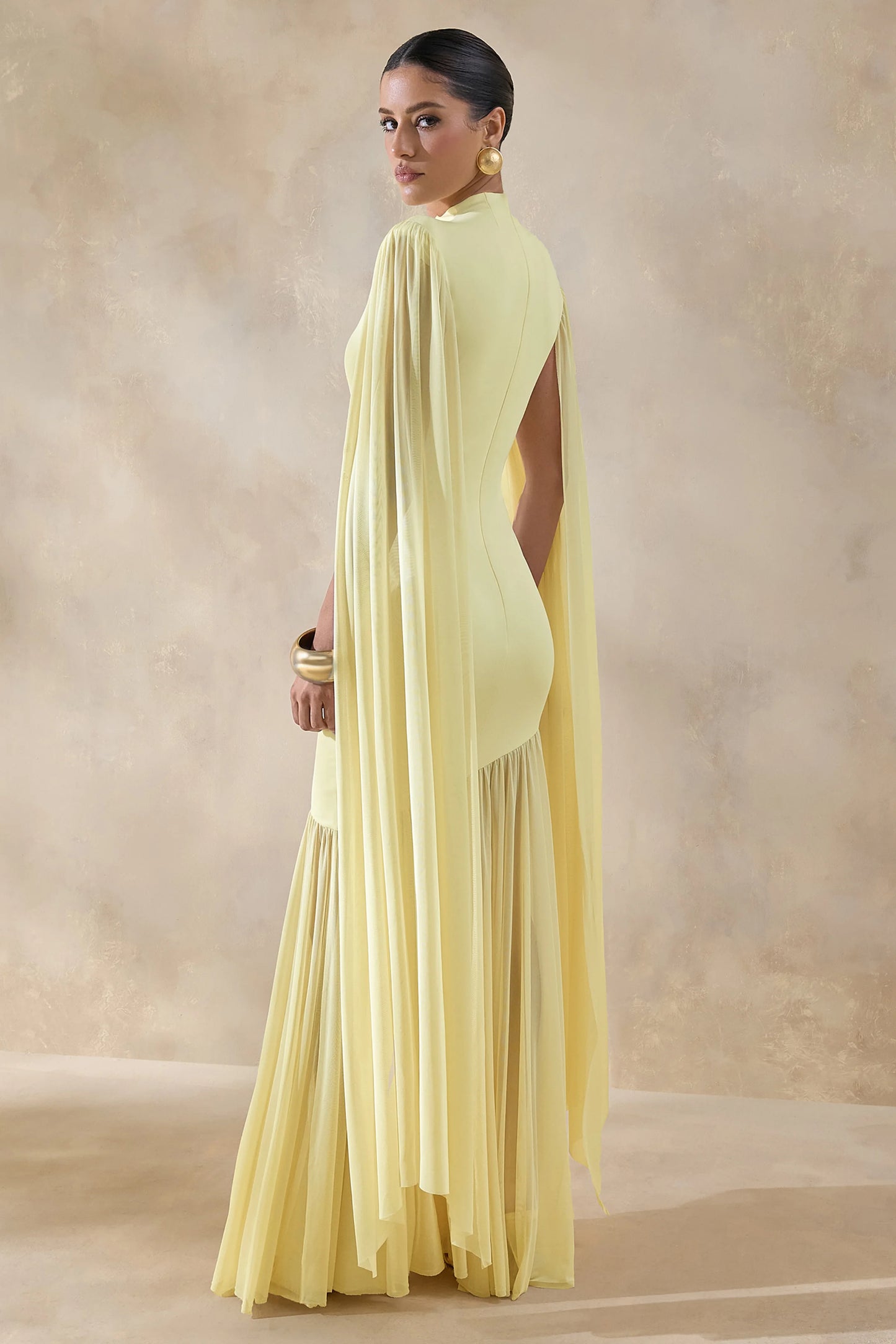 Chantelle Lemon High-Neck Maxi Dress With Drop-Waist And Cape-Sleeves
