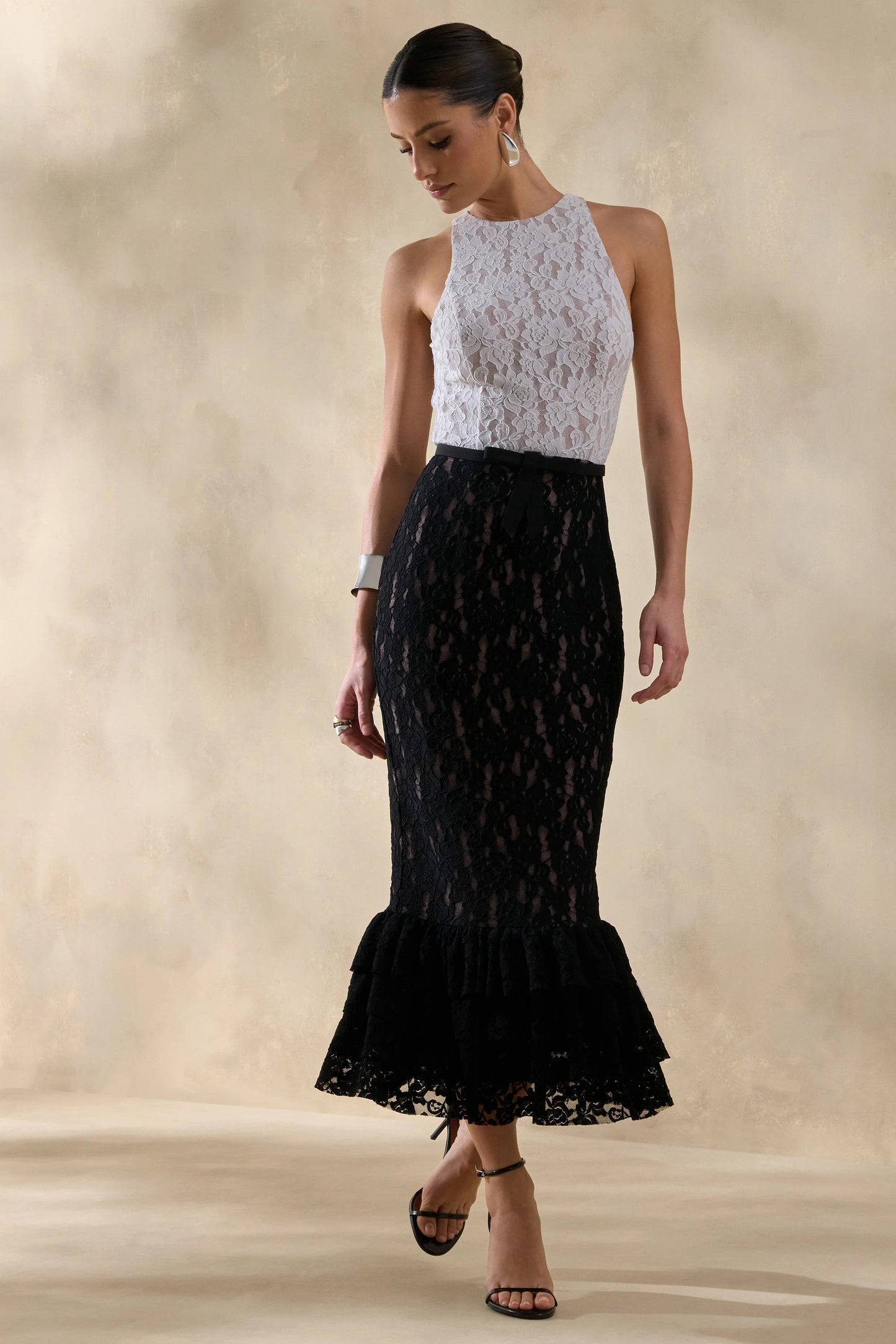 Vionna Black And White Lace High-Neck Midi Dress With Bow-Belt Detail