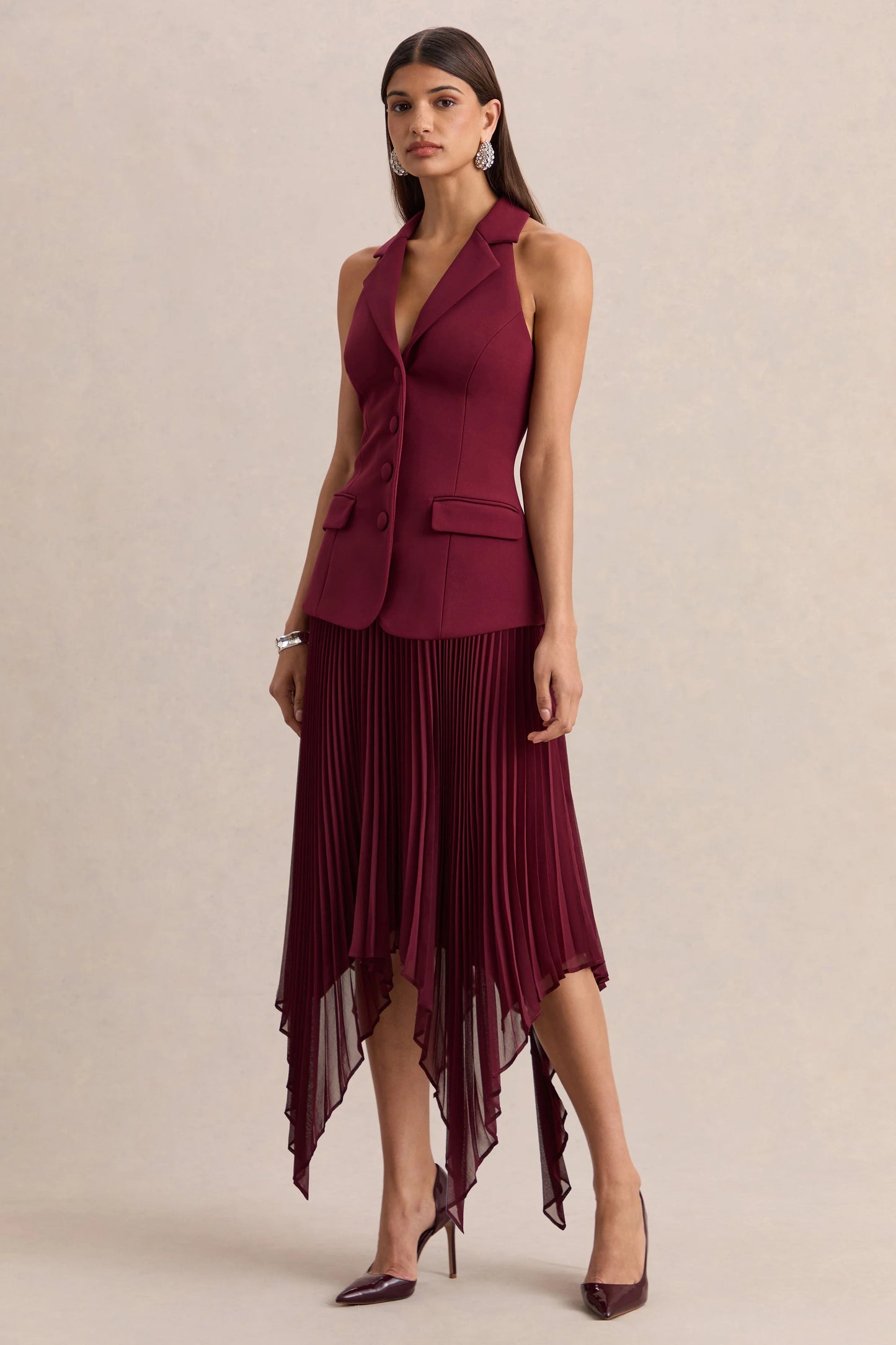 Marvelle Burgundy Plunge-Neck Maxi Dress With Hanky Hem