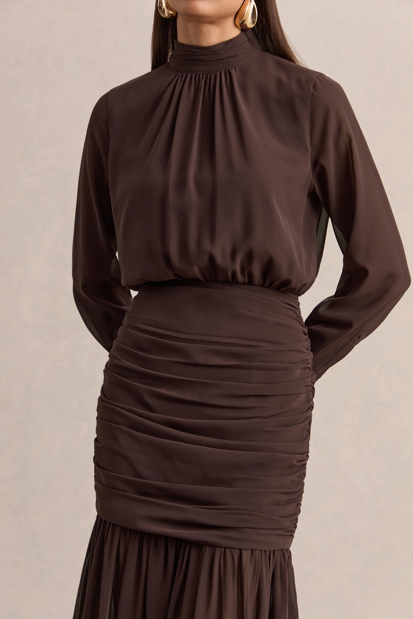 Zella Brown High-Neck Maxi Dress With Sheer-Skirt