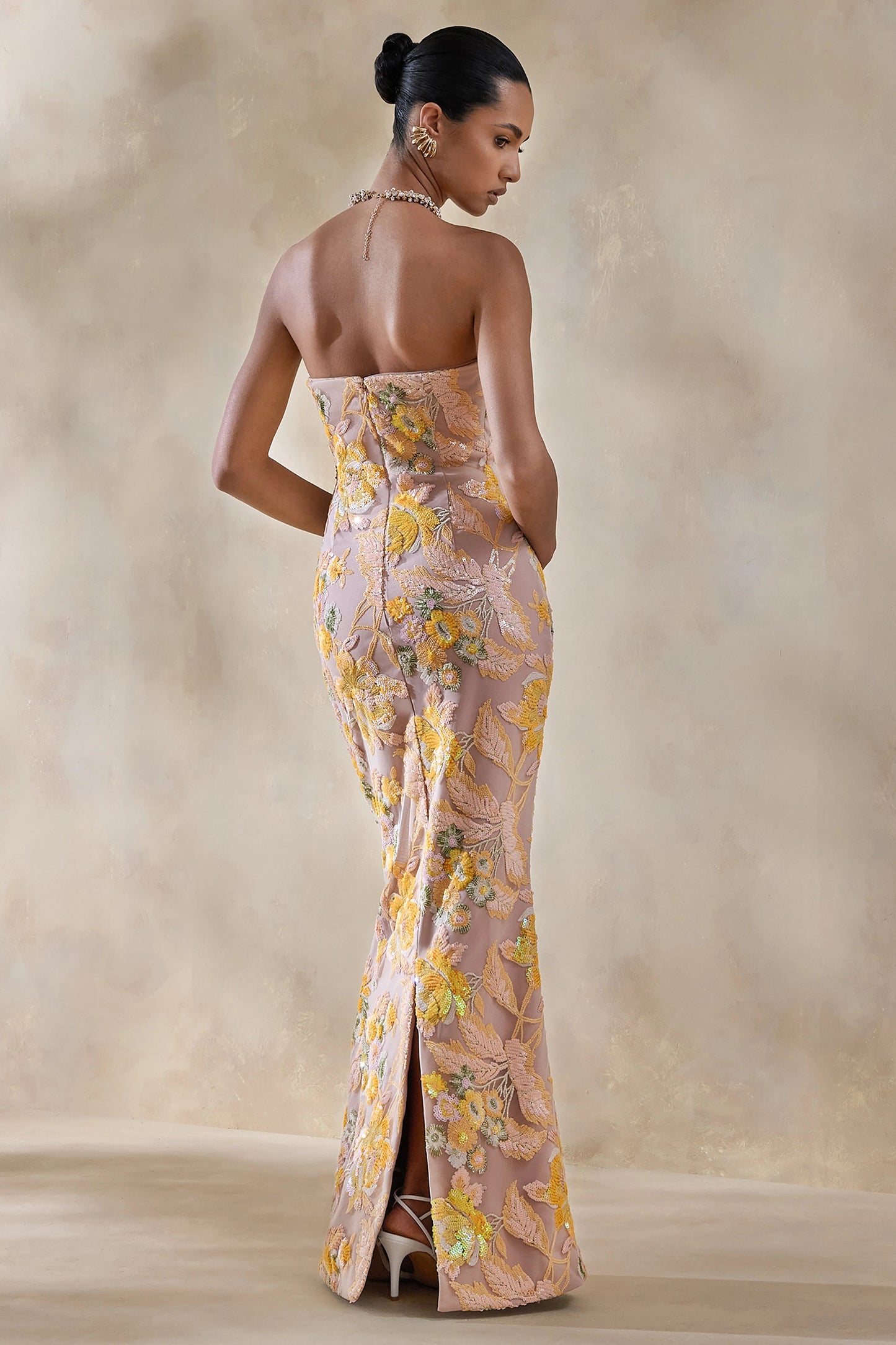 Severn Yellow Embellished Floral Bandeau Maxi Dress