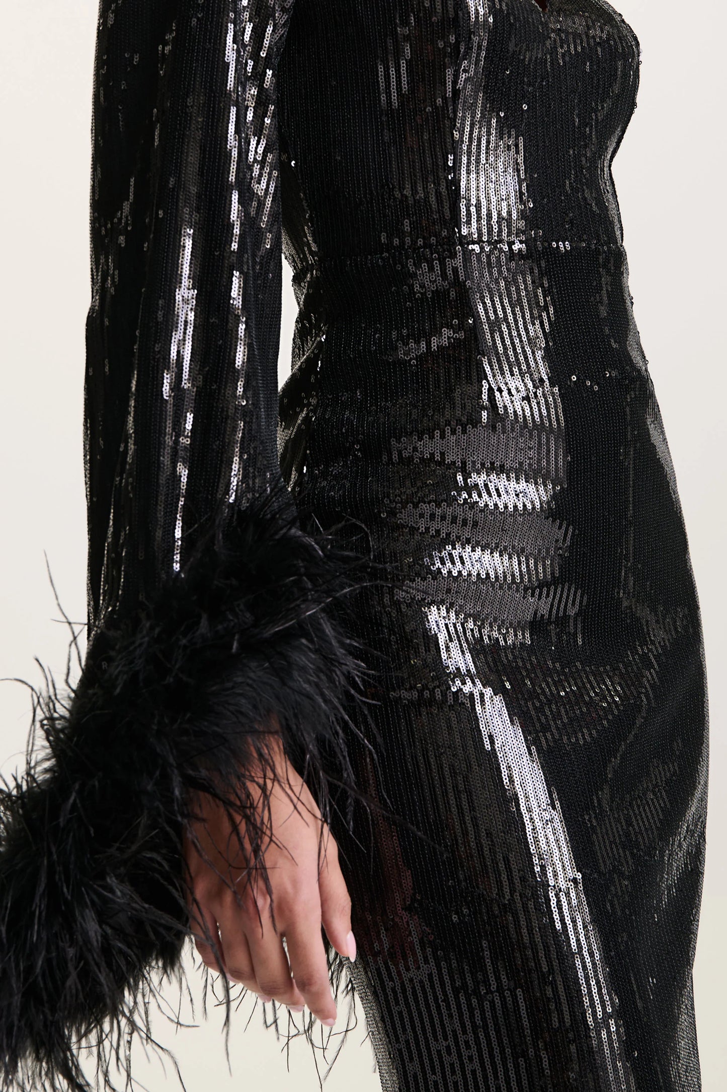 Cosmic Star Black Sequin High-Neck Maxi Dress With Feather Cuffs