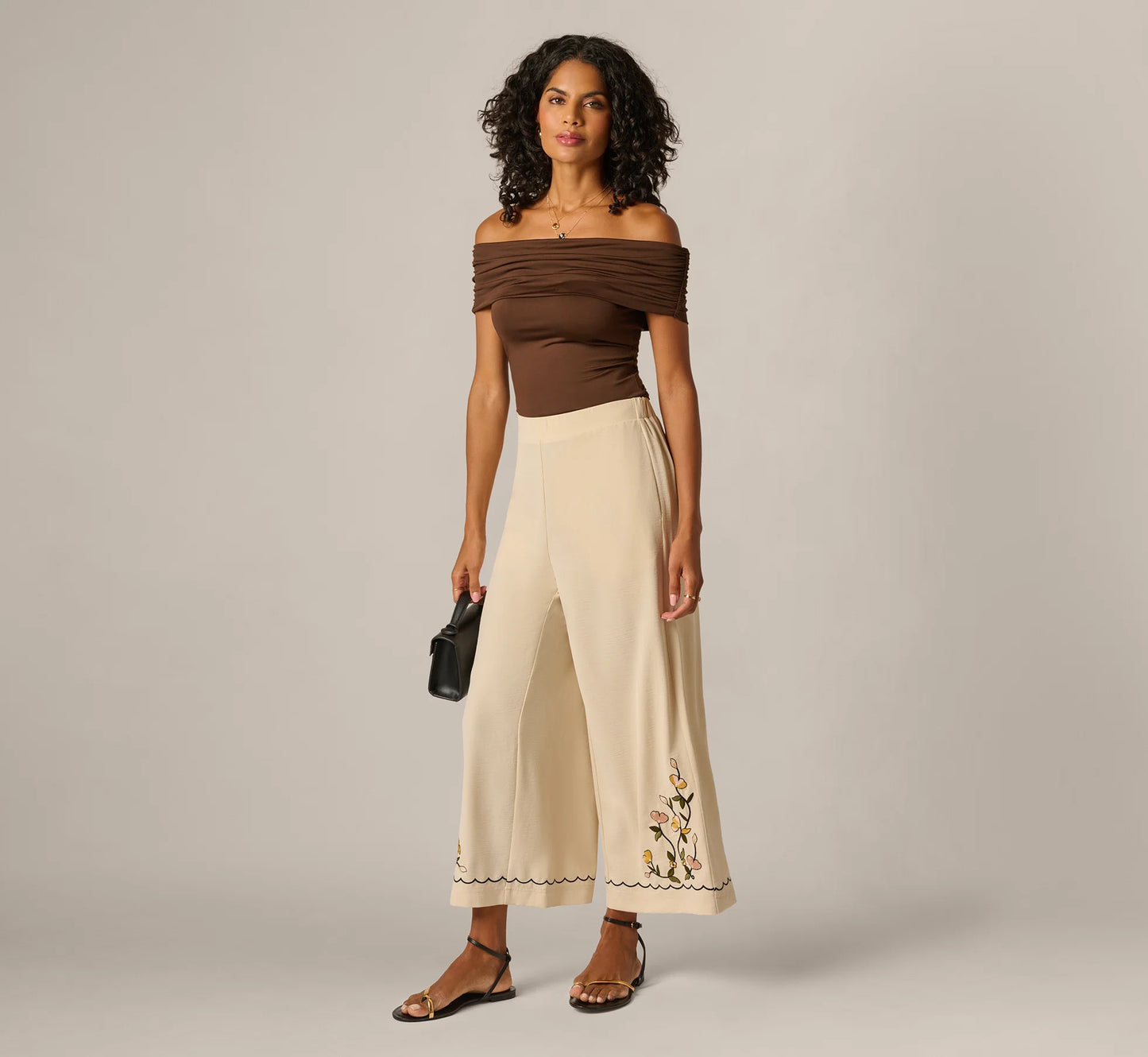 Floral Embroidery Wide Leg Pant In Pale Oak