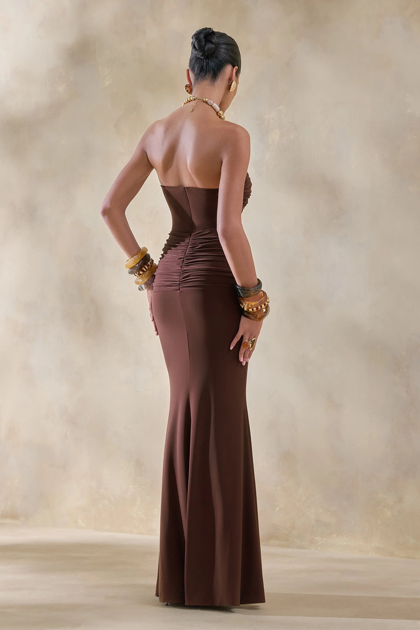 Elodia Brown Bandeau Maxi Dress With Gathered-Detailing