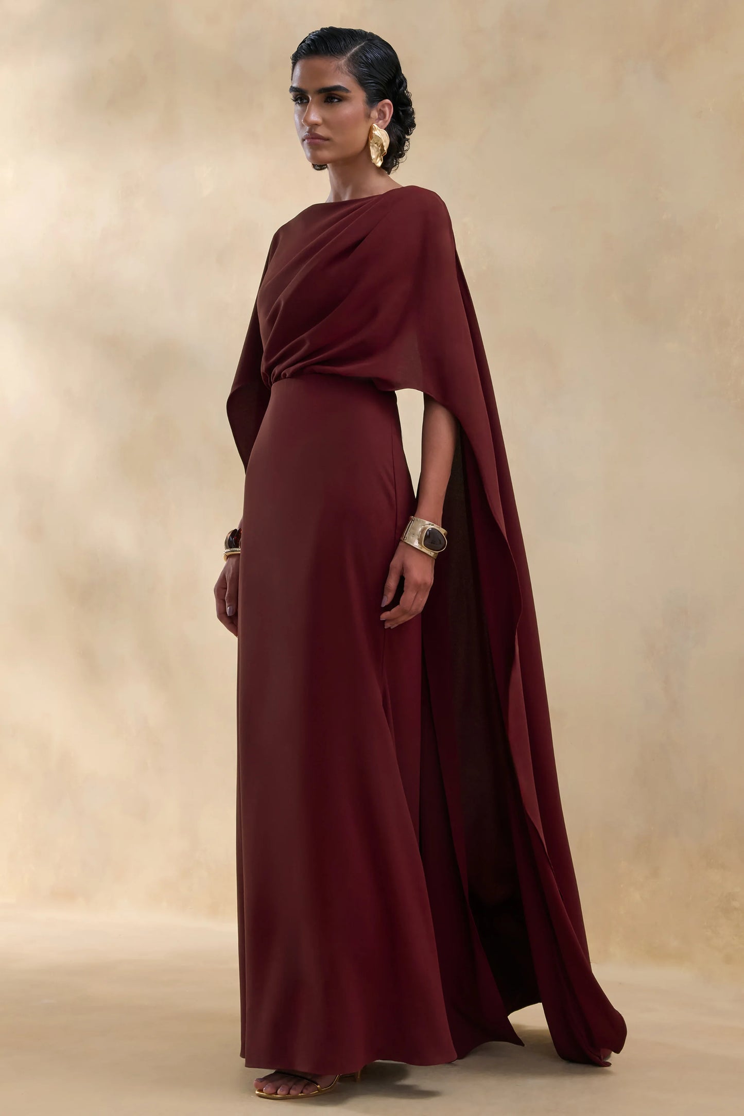 Pristina Burgundy Boat-Neck Woven Maxi Dress With Cape Detail