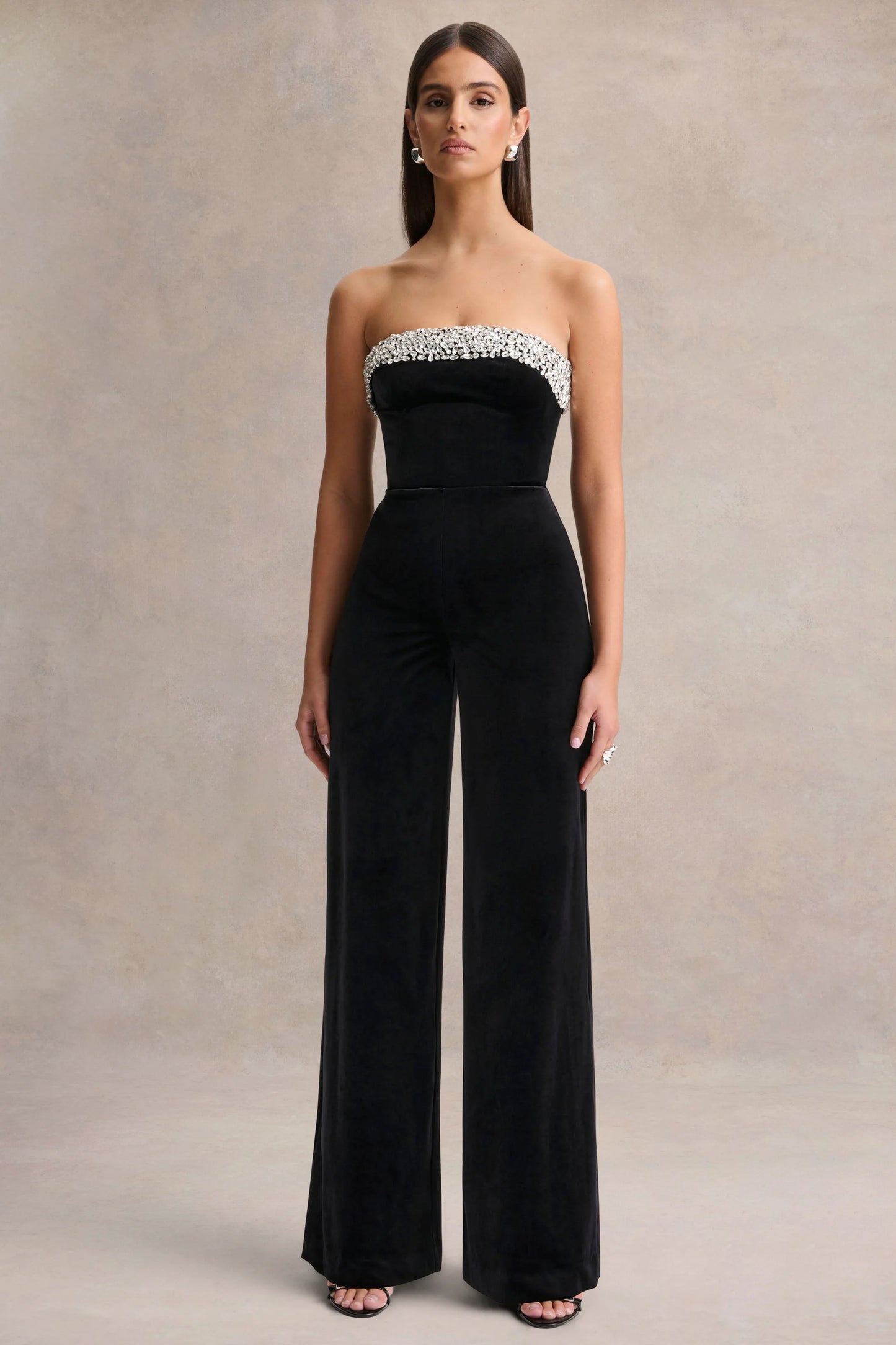 Emelie Black Velvet Hand-Embellished Bandeau Jumpsuit