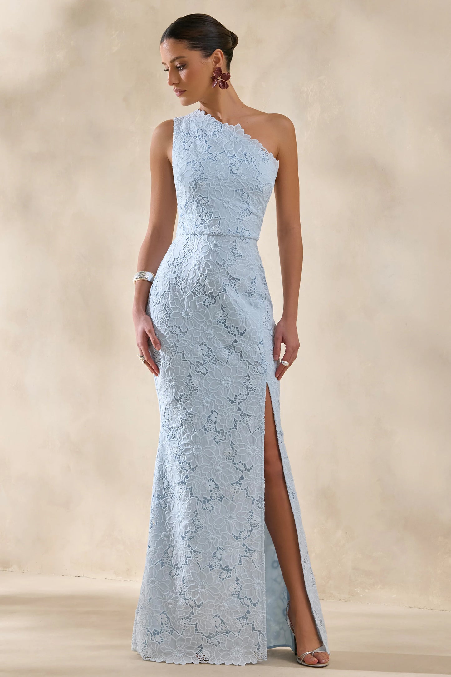 Lunia Powder Blue Broderie Asymmetric-Neck Maxi Dress
