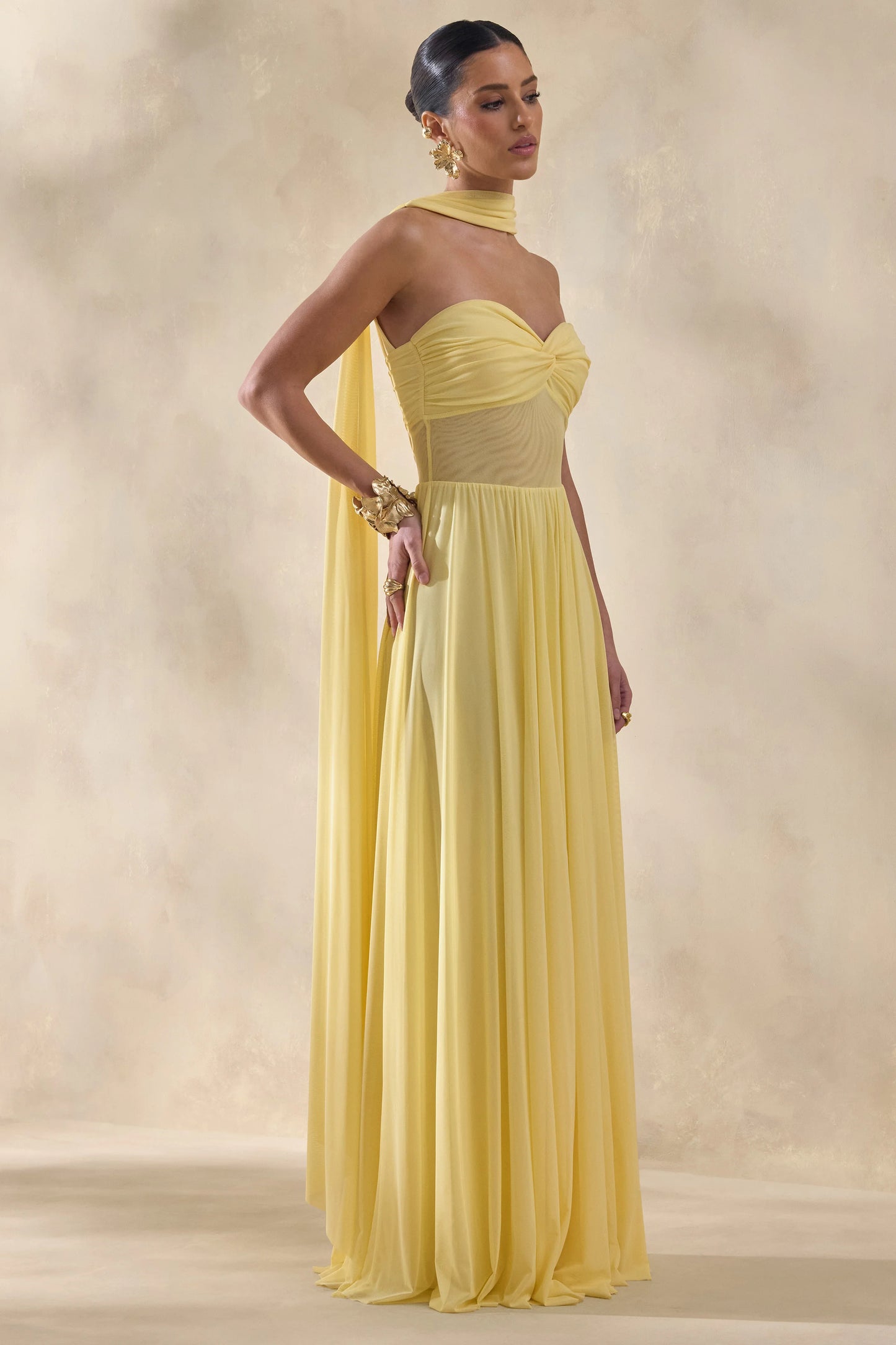 Lyvoria Lemon Bandeau Maxi Dress With Mesh-Detail And Scarf