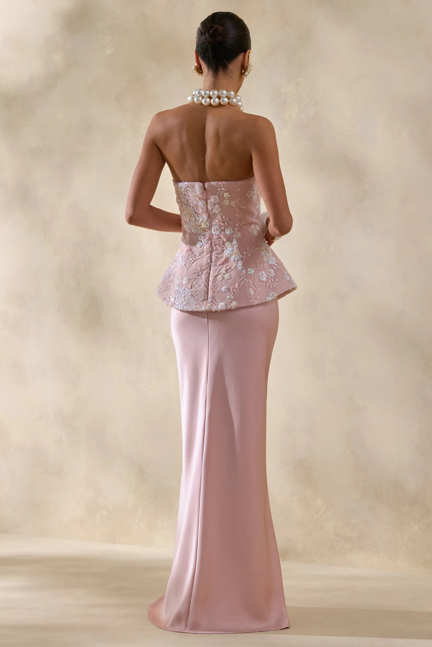 Corvina Pink Embellished Floral Bandeau Corset Maxi Dress