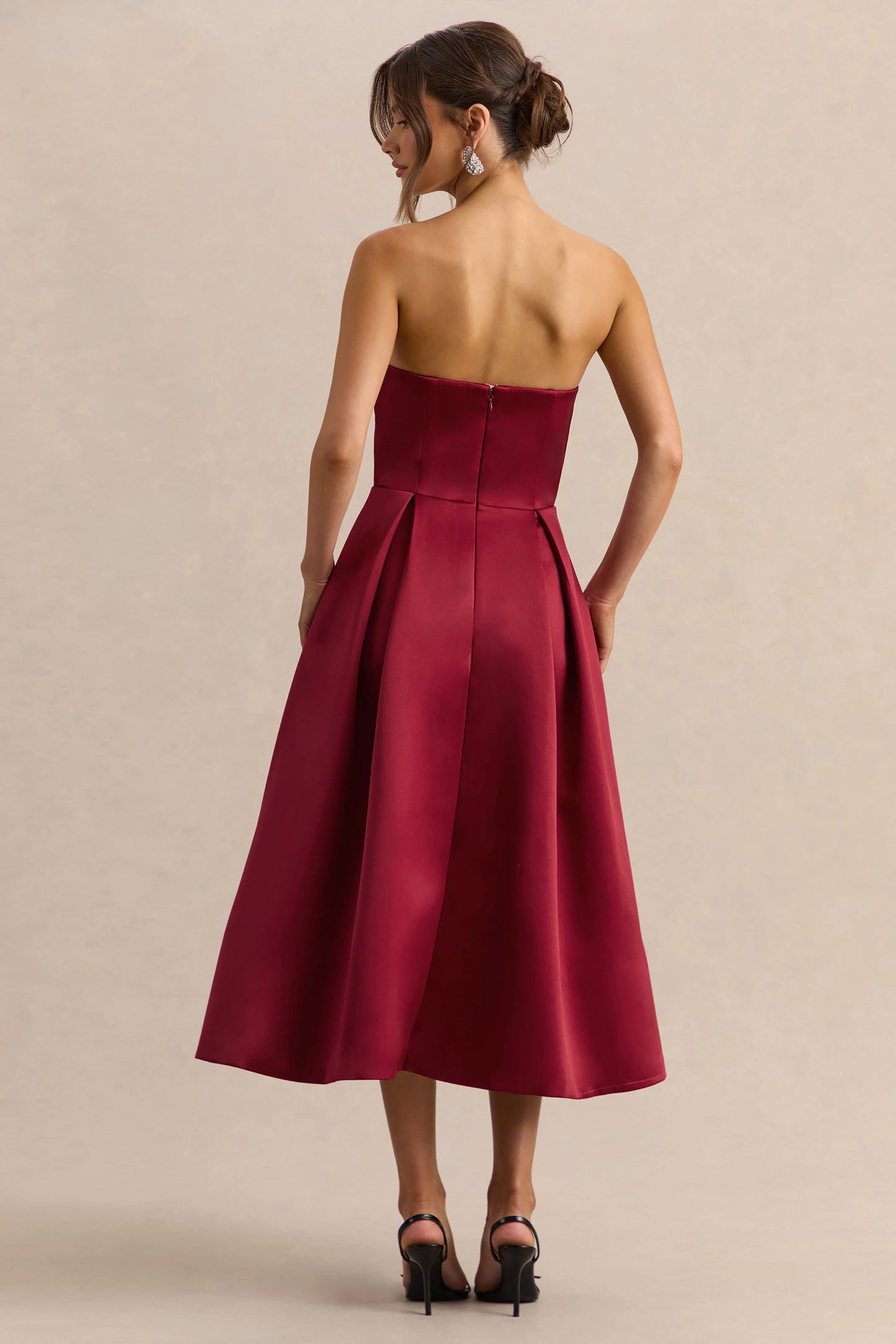 Promises Red Satin Bandeau-Neck Midi Dress