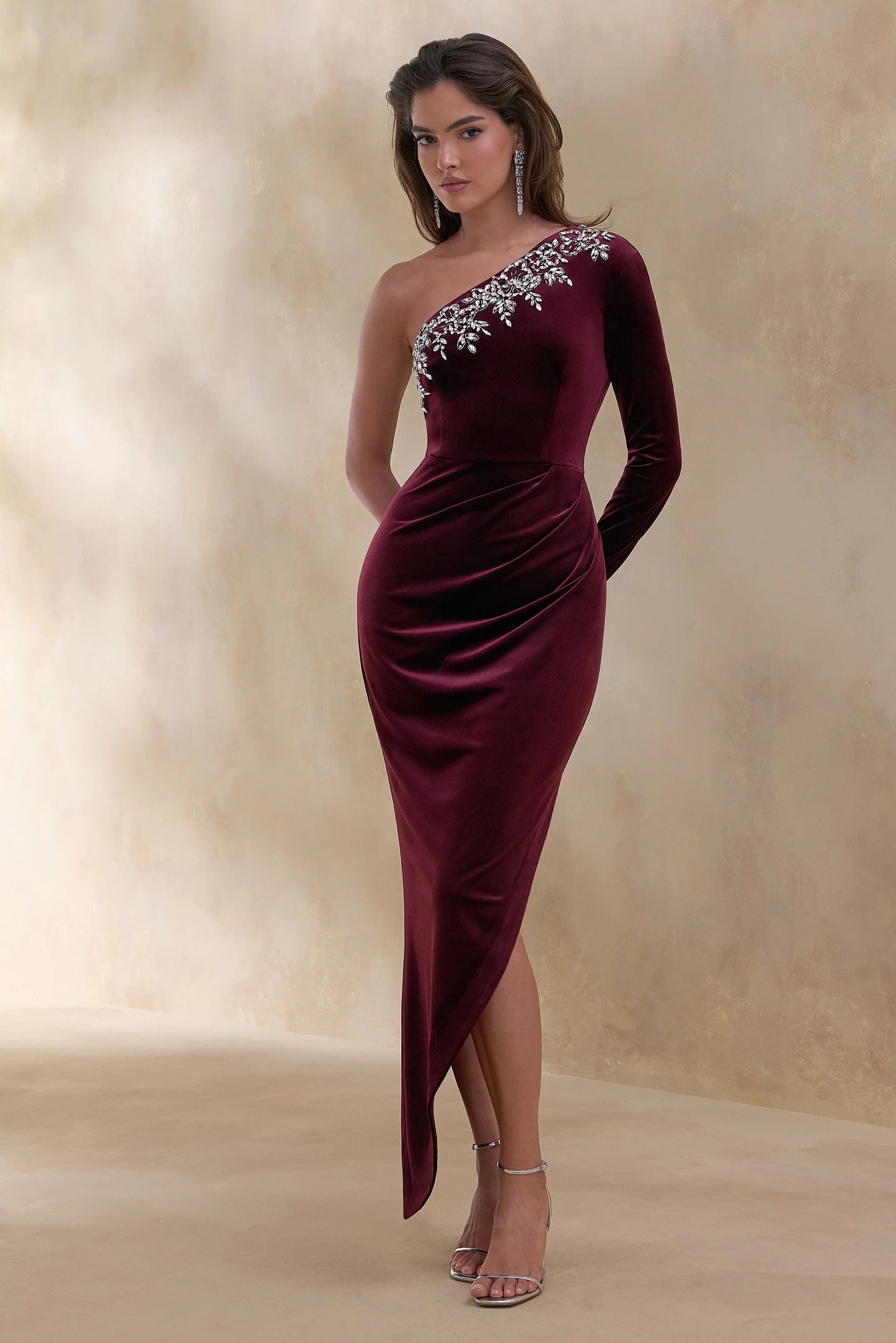 Nyssa Burgundy Embellished Asymmetric-Neck Maxi Dress