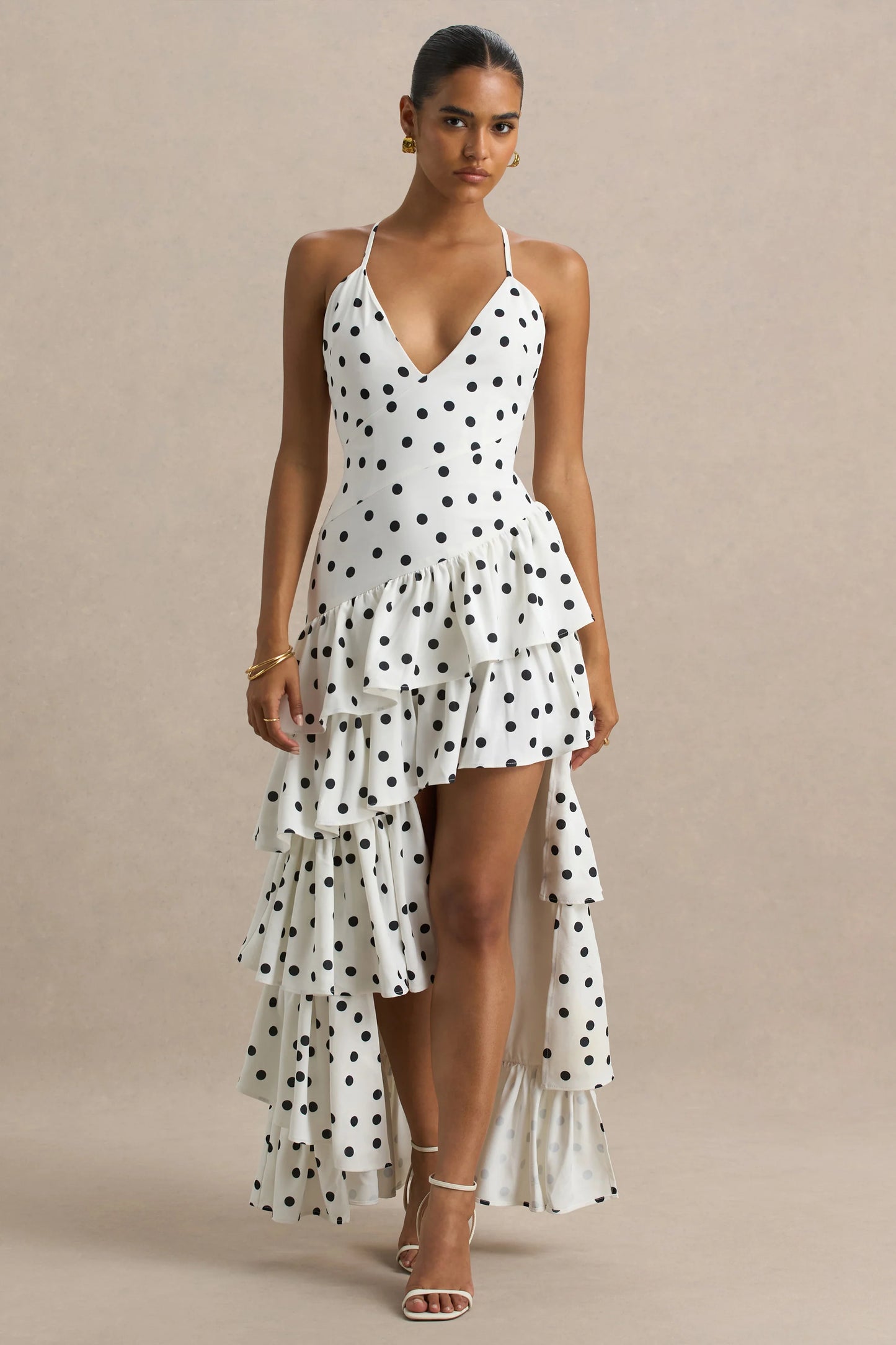 Bogota Polka Dot Plunge-Neck Maxi Dress With Ruffling Details And Front High Split
